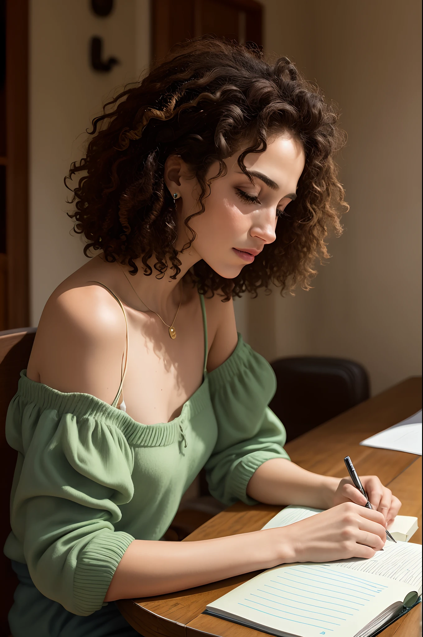 Mulher loira olhos verdes, Shoulder-length Portuguese hair sitting at a table producing notebooks
