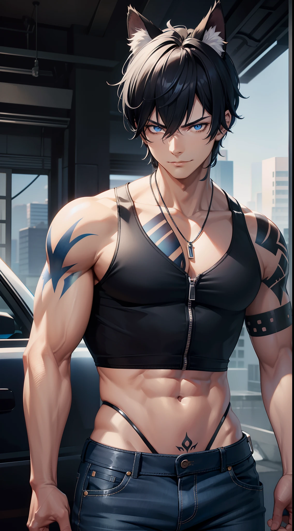 Grown-up guy, Short black hair with blue strands, high ponytail, cat ears, blue eyes, musculature, smirk, black tank top, Jeans, fetters, Silver elements, tattoo, Scars, Blue Flame, zipper, Masterpiece, hiquality, 4k, HD, Good detail