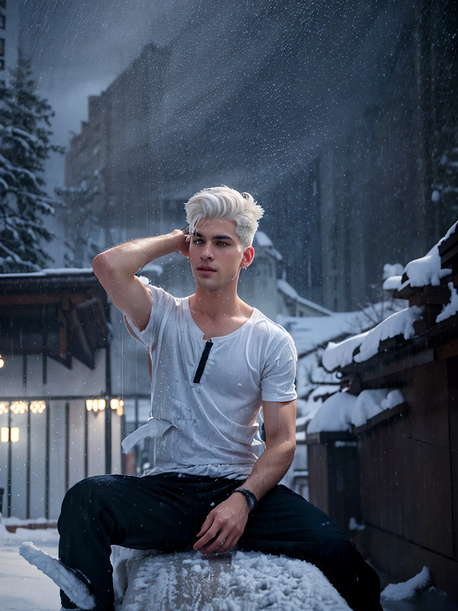 Background change into winter Snow with raining handsome boy with clean shave with white hair and beautiful leans blue eyes with full black clothes realistic photos realistic 8k photos
