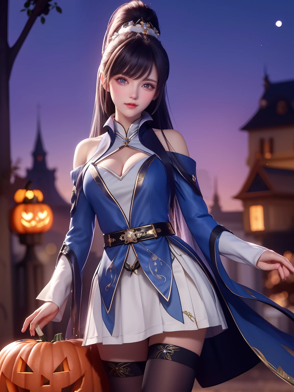 1girl, long hair, dress,hair ornament, looking at viewer, mature female, cityscape, night, thighhighs, clothing cutout, bangs, high collar,white skirt,ponytail, cowboy shot, long sleeves, belt,blue eyes,makeup, blush,Among the glowing hues of twilight,,Halloween, costume, girl,a pumpkin,