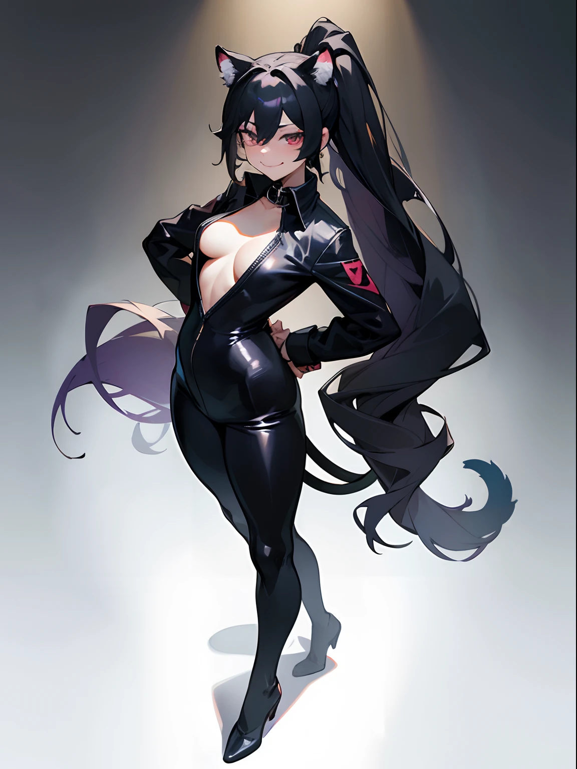 1 girl，Long hair and double ponytail，Wear a tight black gel suit，huge tit，Full body photo，Leaky mouth with small tiger teeth，Smiling expression，with hands behind her back，Wear a pet collar around your neck，A demon's tail leaked out of his back，