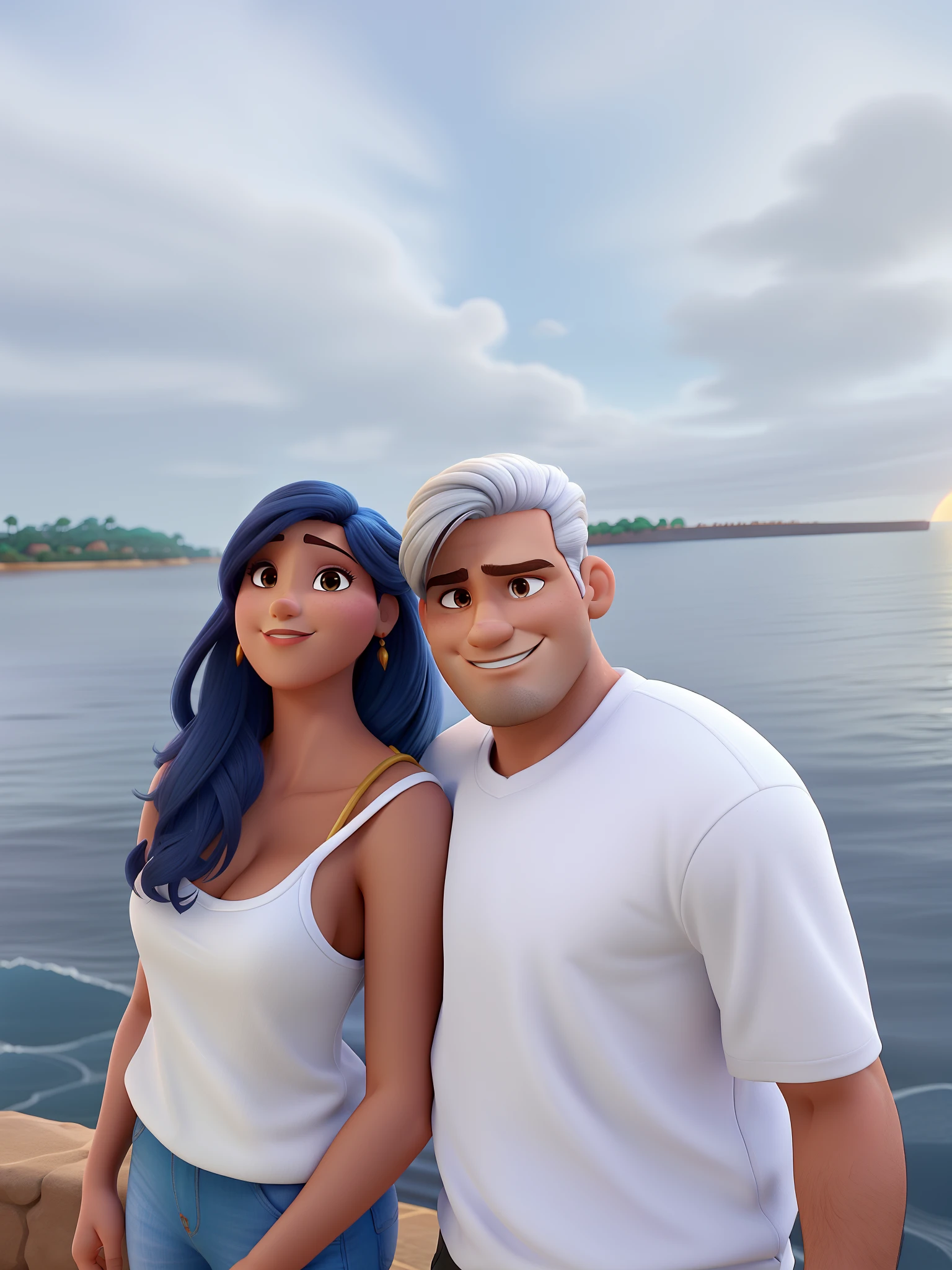 casal homem branco com cabelos grisalhos e mulher morena e com cabelos pretos no estilo Disney Pixar, alta qualidade, melhor qualidade com por do sol ao fundo