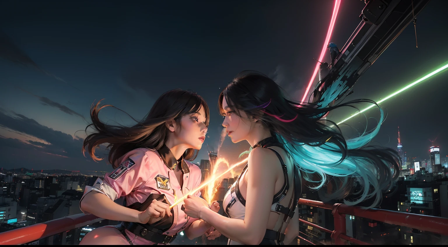 (realisitic,Photorealsitic:1.4),(Two Beauties:1.3),(beautiful countenance:1.5),Detailed shiny skin,A detailed eye,Precise hands and fingers,8K HDR, , masterpiece, (Dynamic Angle Video),电影灯光, Finely drawn backgrounds,accurate fingers,(The sky of the city of Tokyo,colorful neon,Two beauties fighting in the air:1.3),Beautiful American,Android Suits,Futuristic Hair,Aerial wrestling,Slender and big ass,Colorful Battlewear