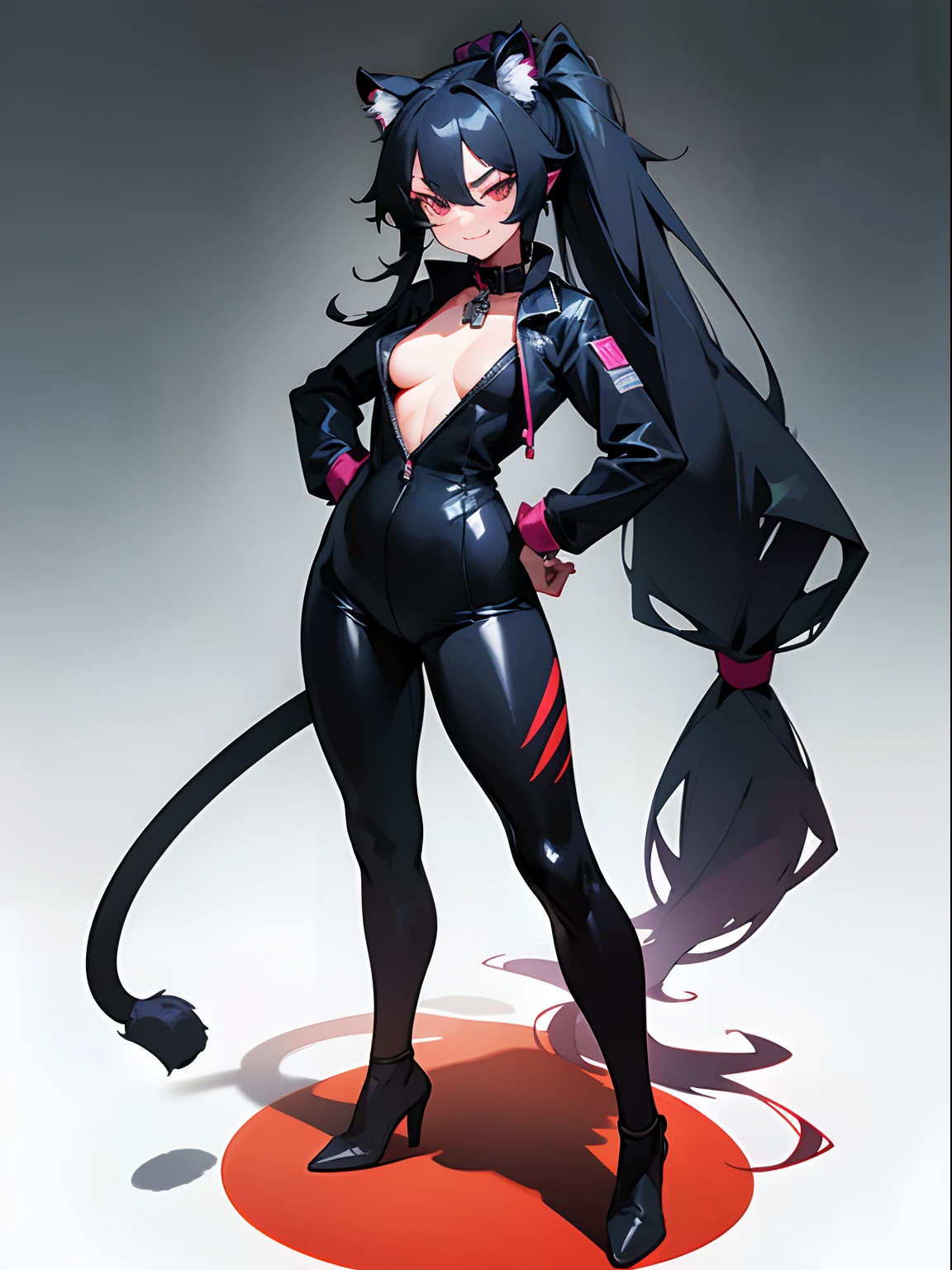 1 girl，Long hair and double ponytail，Wear a tight black gel suit，huge tit，Full body photo，Leaky mouth with small tiger teeth，Smiling expression，with hands behind her back，Wear a pet collar around your neck，A demon's tail leaked out of his back，