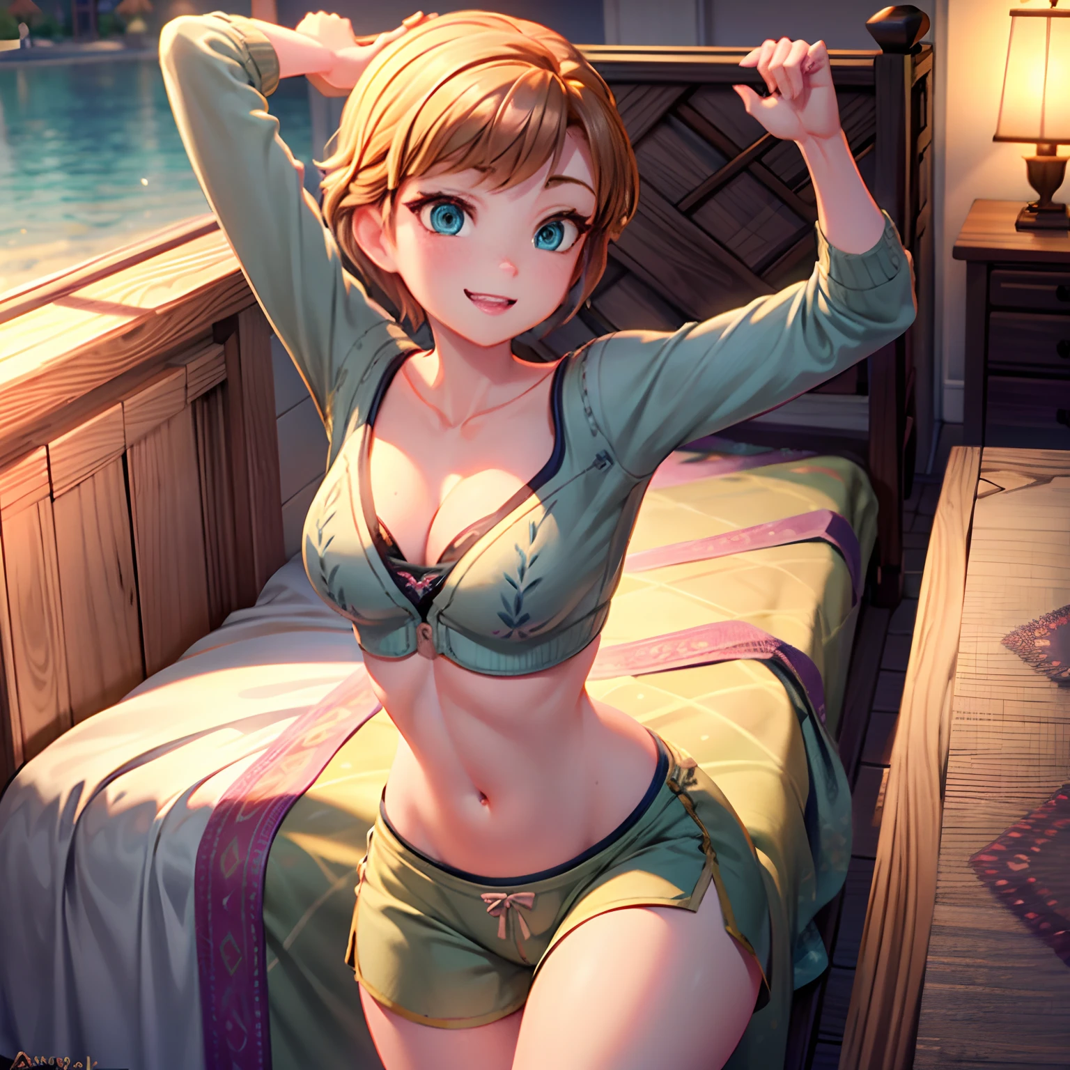 One girl, Anna from Disneys frozen as a milf all alone in real life alone wearing very short pajama shorts and blank solid low cut colored crop top knit sweater,brookemonk, avagrace, showing off her curves and smiling, sexy, beautiful girl, innocent, cleavage, low cut tops, all alone, bending down to show off her ass to the camera, clear eyes, lying in bed