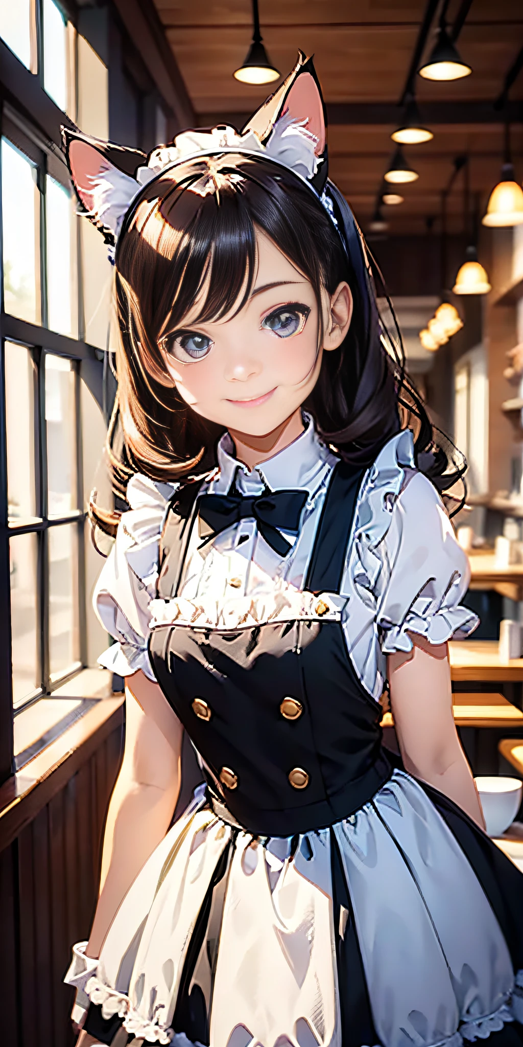 Best quality, masterpiece, HD digital photo of a girl, Pixar animation style, a cat-eared girl in 30% English maid outfit, upper body, standing back smiling looking at the camera, Cafe Background, soft lighting, warm colors, ((()))