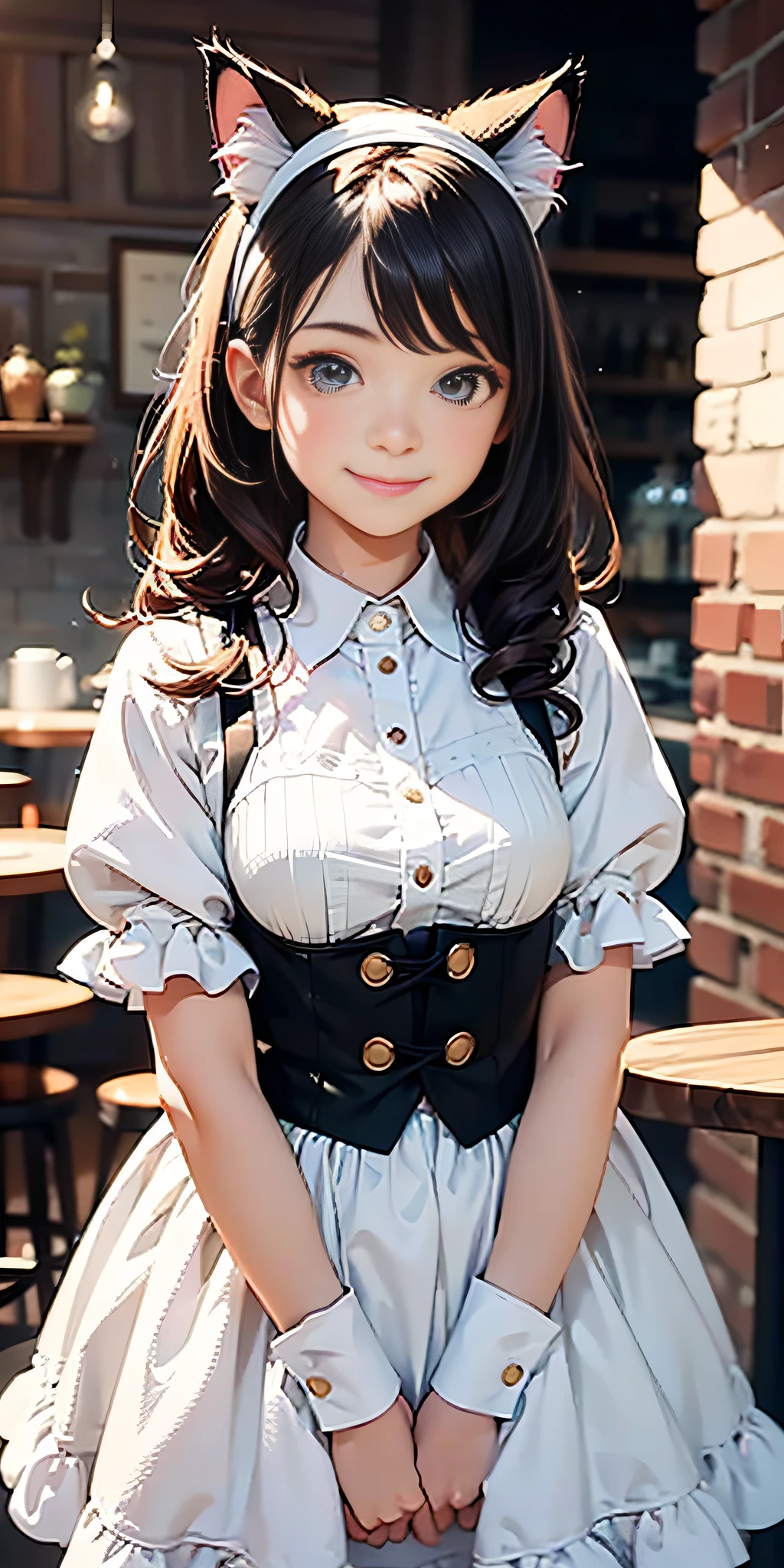 Best quality, masterpiece, HD digital photo of a girl, Pixar animation style, a cat-eared girl in 30% English maid outfit, upper body, standing back smiling looking at the camera, Cafe Background, soft lighting, warm colors, ((()))