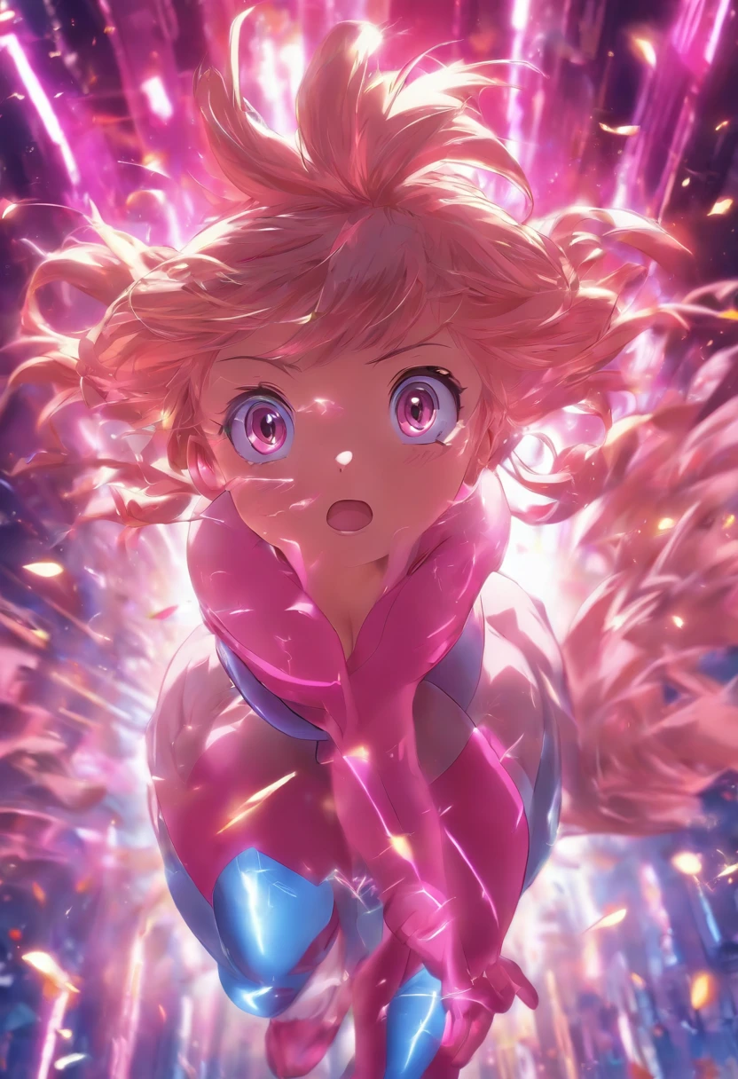 (masterpiece), (best quality), (ultra detailed),(disheveled hair),(illustration), (1girl),(,child),japnese idol,smile, looking at viewer, (interview),magic wand, (magic city),beautiful detailed eyes, delicate beautiful face, Floating,(high saturation),(colorful splashes),(shining), focus on face, ahoge, kamisato ayaka, light pink hair, hair ring,medium hair, (shining), best lighting, best shadow, ,standing, spread legs, completely naked, pubic hair, medium size breasts, full body naked, camera shoot from down below