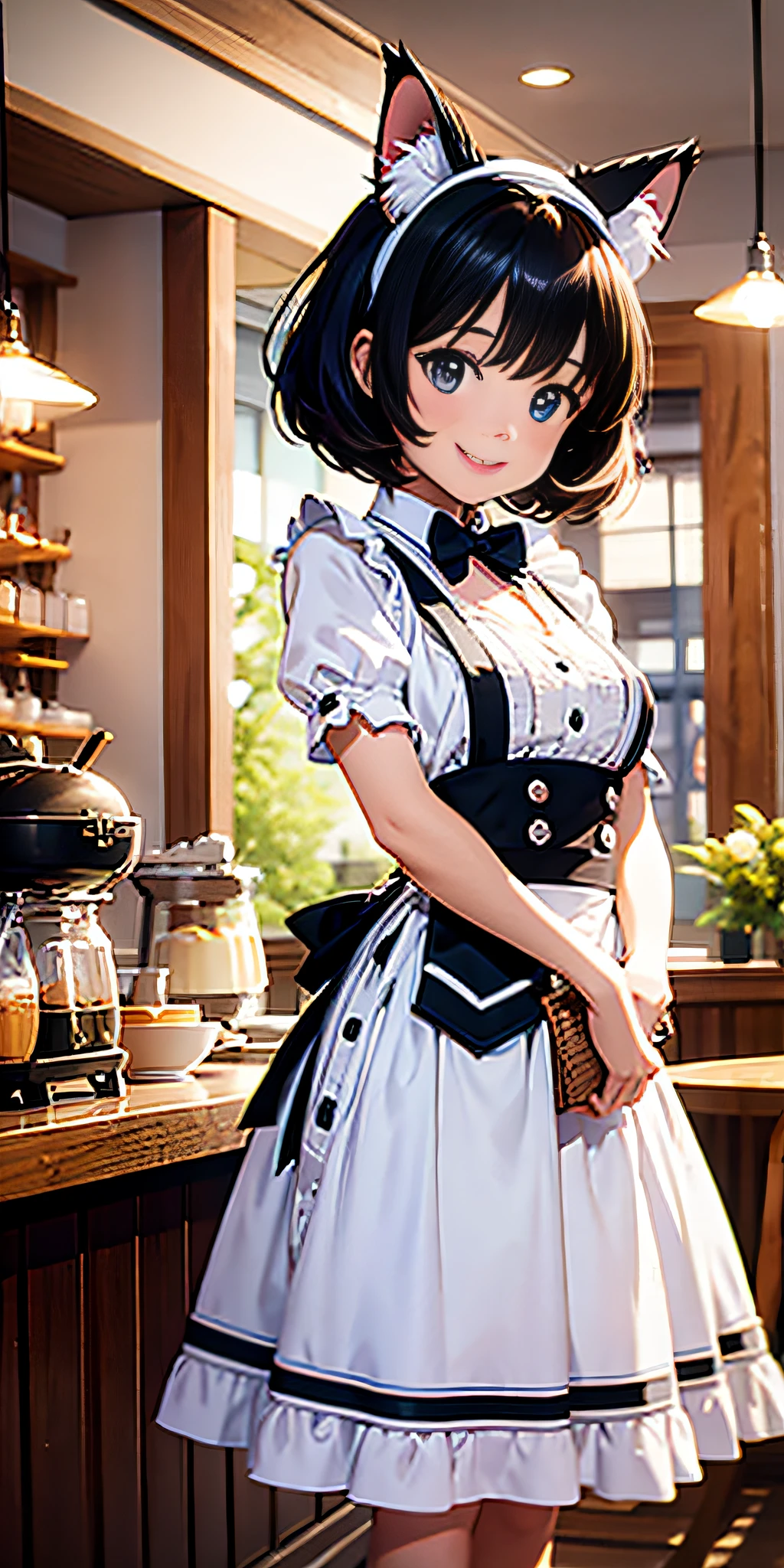 Best quality, masterpiece, HD digital photo of a girl, Pixar animation style, a cat-eared girl in 30% English maid outfit, upper body, standing back smiling looking at the camera, Cafe Background, soft lighting, warm colors, ((()))