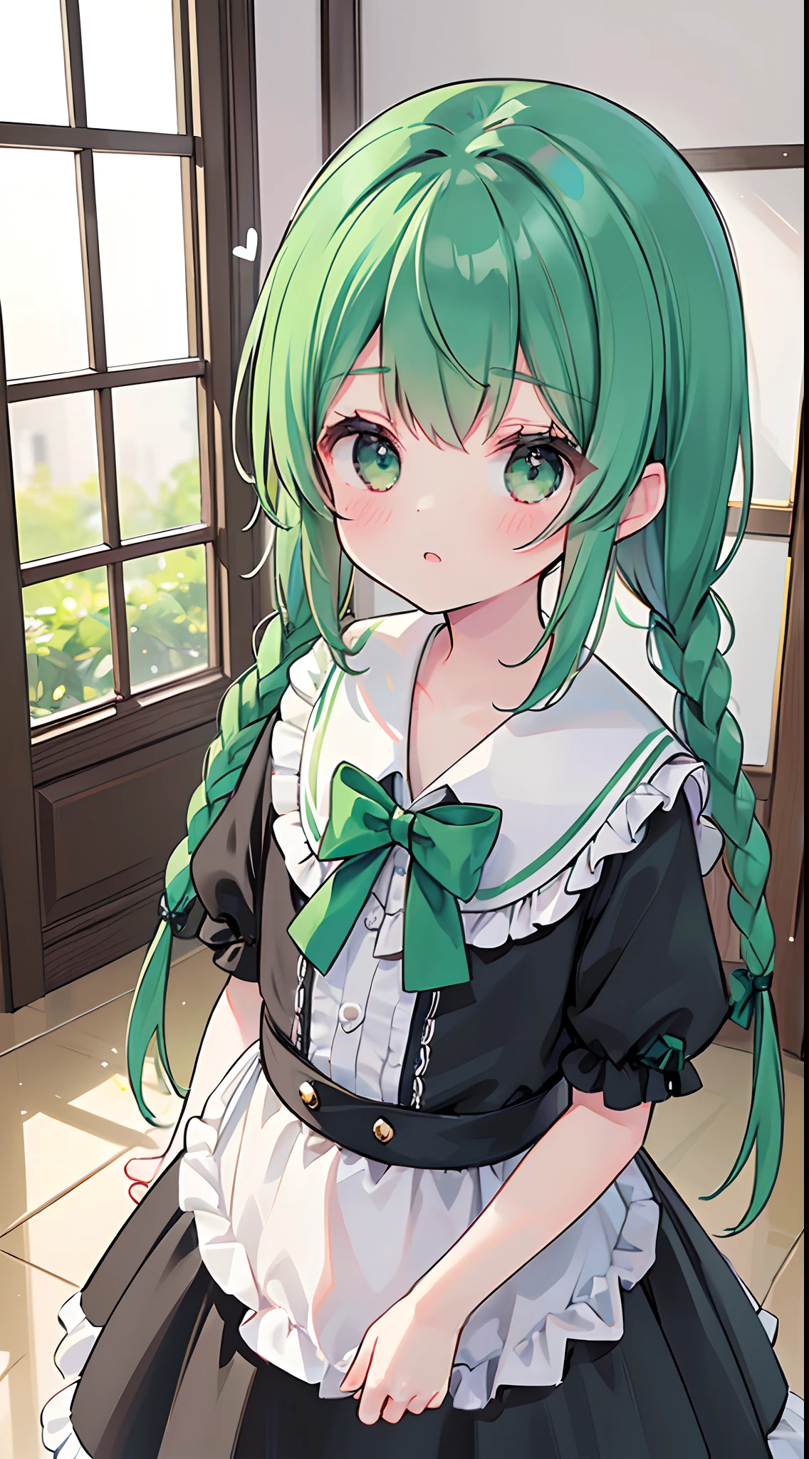 ((Masterpiece,Top image quality,Best Quality,8K,masterpiece))1girl in,1人,Green hair,Braids,Black clothe,Mass production type,bow ribbon,heart,cute little,Lori