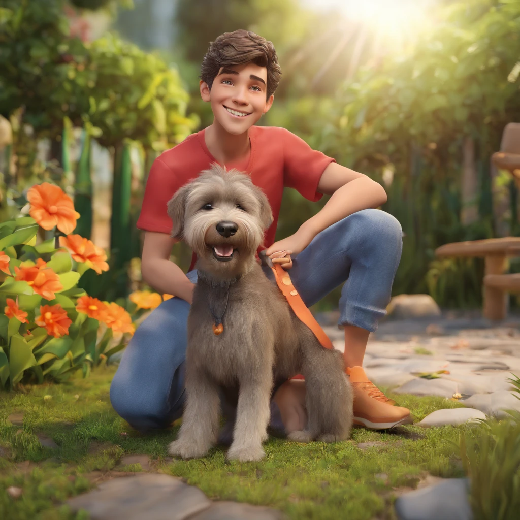 Lucas is a smiling -yeld hu boy, com seu fiel amigo, Bolt, o cachorro schnauzer, deitados no jardim
