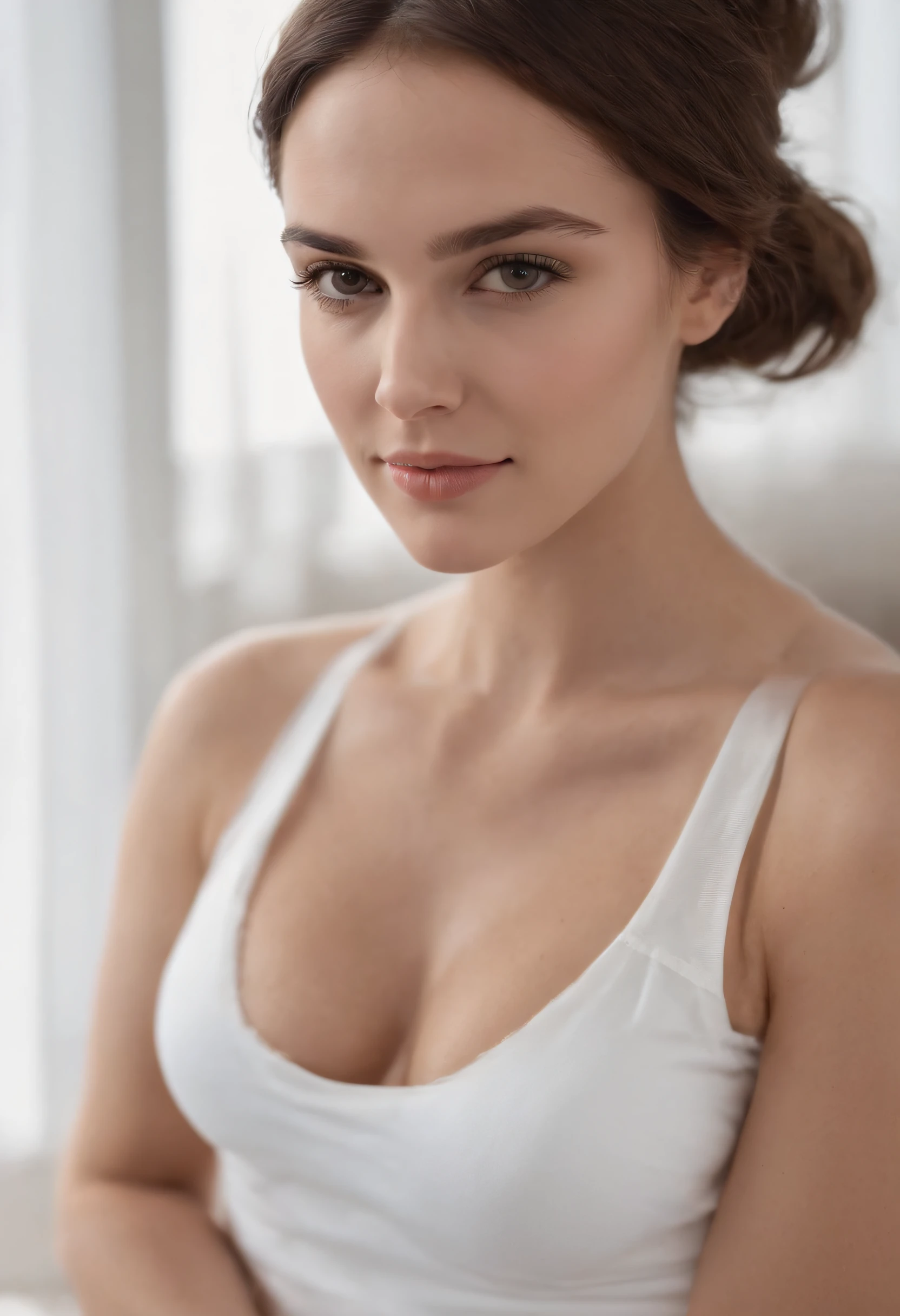 piel blanca,pantalones de yoga blancos,Mirando a Viewert,Peinados,coffee shop,brown eyes,Realista,pecho muy grande,super large breasts,((Pechos gigantescos de escote:1.3))smil,pecho bajo,sujetador blanco,Dormitorio de lujo