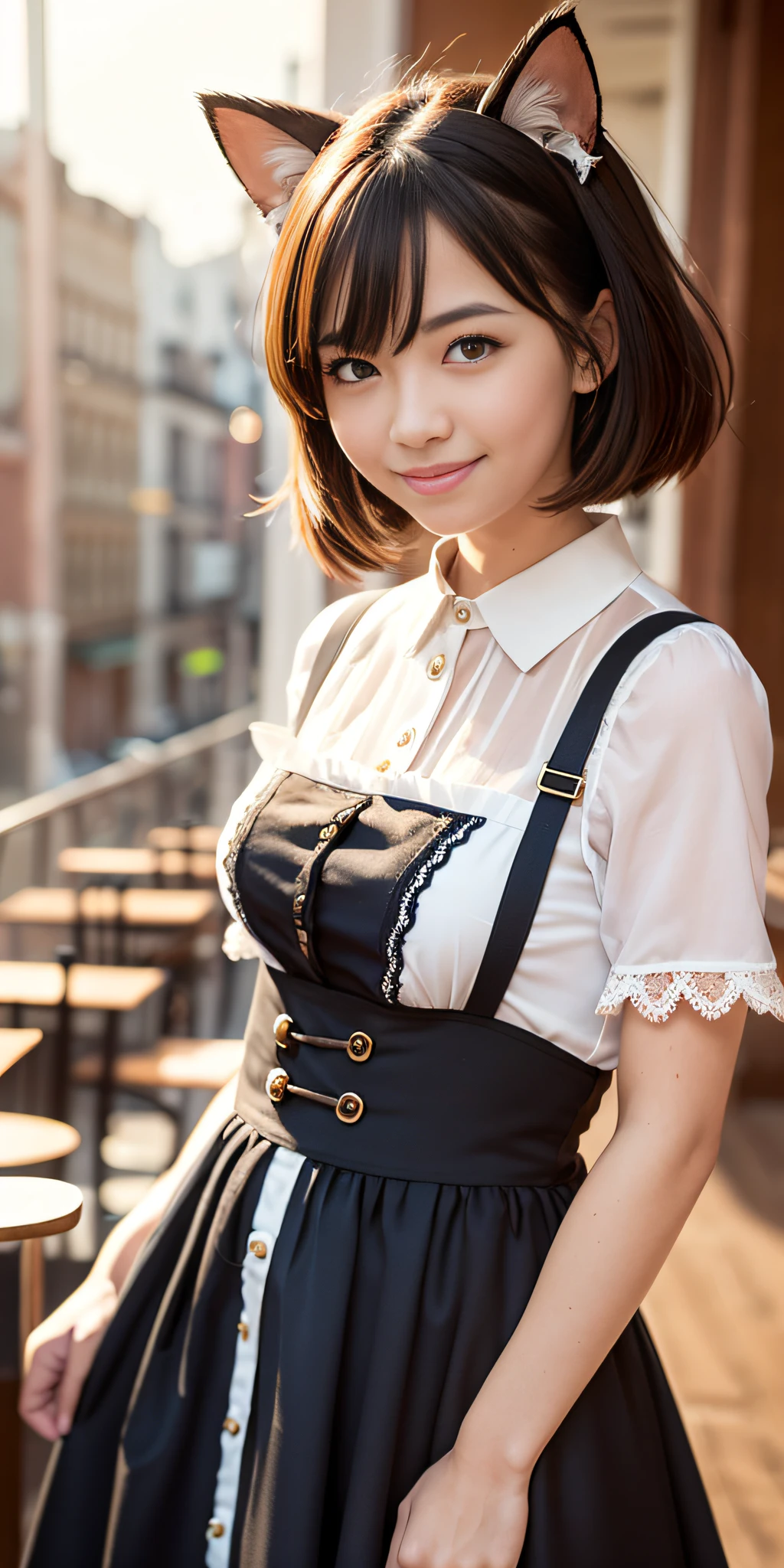 Best quality, masterpiece, HD digital photo of a girl, Pixar animation style, a cat-eared girl in 30% English maid outfit, upper body, standing back smiling looking at the camera, Cafe Background, soft lighting, warm colors, ((()))