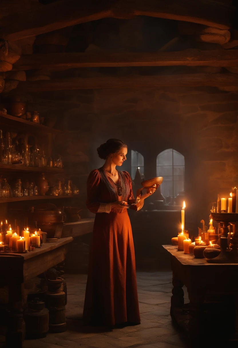 Da ist eine vietnamesische Frau, die an einem Tisch mit Kerzen sitzt, She's in the Potions Workshop, Magierin, who summons a spell, Mittelalterlicher Alchemist im Dunkeln, Fantasy-Alchemisten-Labor, Ein arkaner Zauberer, der einen Zauber wirkt, Zauber auf einen Trank wirken, Er befindet sich in einem Alchemistenlabor, Alchemie-Labor, Zauberspruch-Assistent, Magisches Labor-Setting