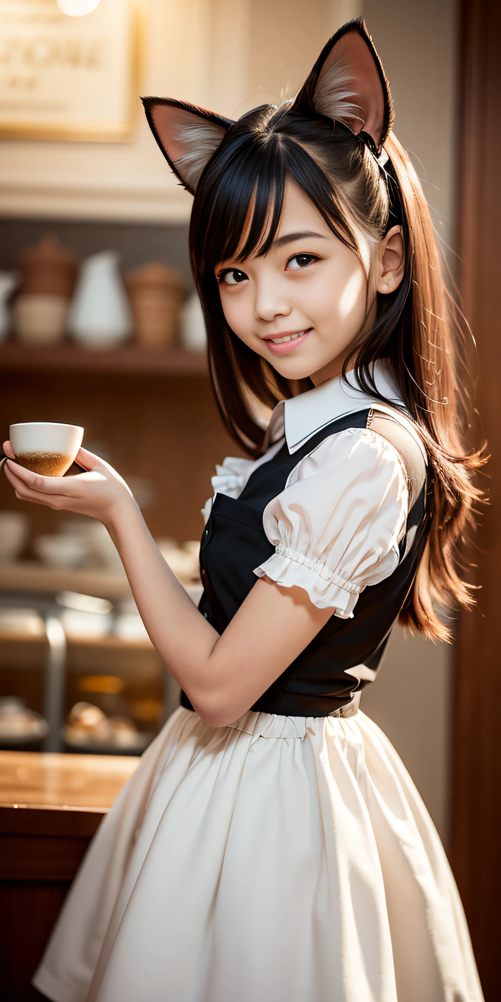 Best quality, masterpiece, HD digital photo of a girl, Pixar animation style, a cat-eared girl in 30% English maid outfit, upper body, standing back smiling looking at the camera, Cafe Background, soft lighting, warm colors, ((()))