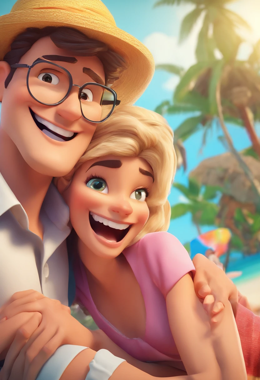 Cartoon of a couple having fun on vacation together,  3D Animation Movie Poster, Poster de filme animado, pixar 3 d animation style, pixar renderman rendering, maia 8 mil, animation film, Disney Pixar Estilo 3D, namorados felizes saem juntos ao ar livre, vacation, Disney Pixar Animation Poster. Ela tem longos cabelos ondulados castanho escuro e usa um longo vestido tropical. He wears a white blouse and beige pants. Ele tem cabelos loiros, Very short goatee and wears glasses. He's a lot taller than her.