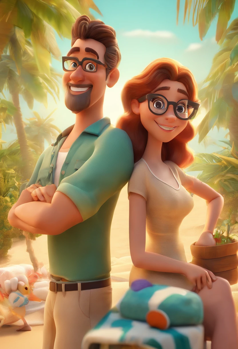 Cartoon of a couple having fun on vacation together, 3D Animation Movie Poster, Poster de filme animado, pixar 3 d animation style, pixar renderman rendering, maia 8 mil, animation film, Disney Pixar Estilo 3D, namorados felizes saem juntos ao ar livre, vacation, Disney Pixar Animation Poster. Ela tem longos cabelos ondulados castanho escuro e usa um longo vestido tropical. He wears a white blouse and beige pants. Ele tem cabelos loiros, Very short goatee and wears glasses. He's a lot taller than her.