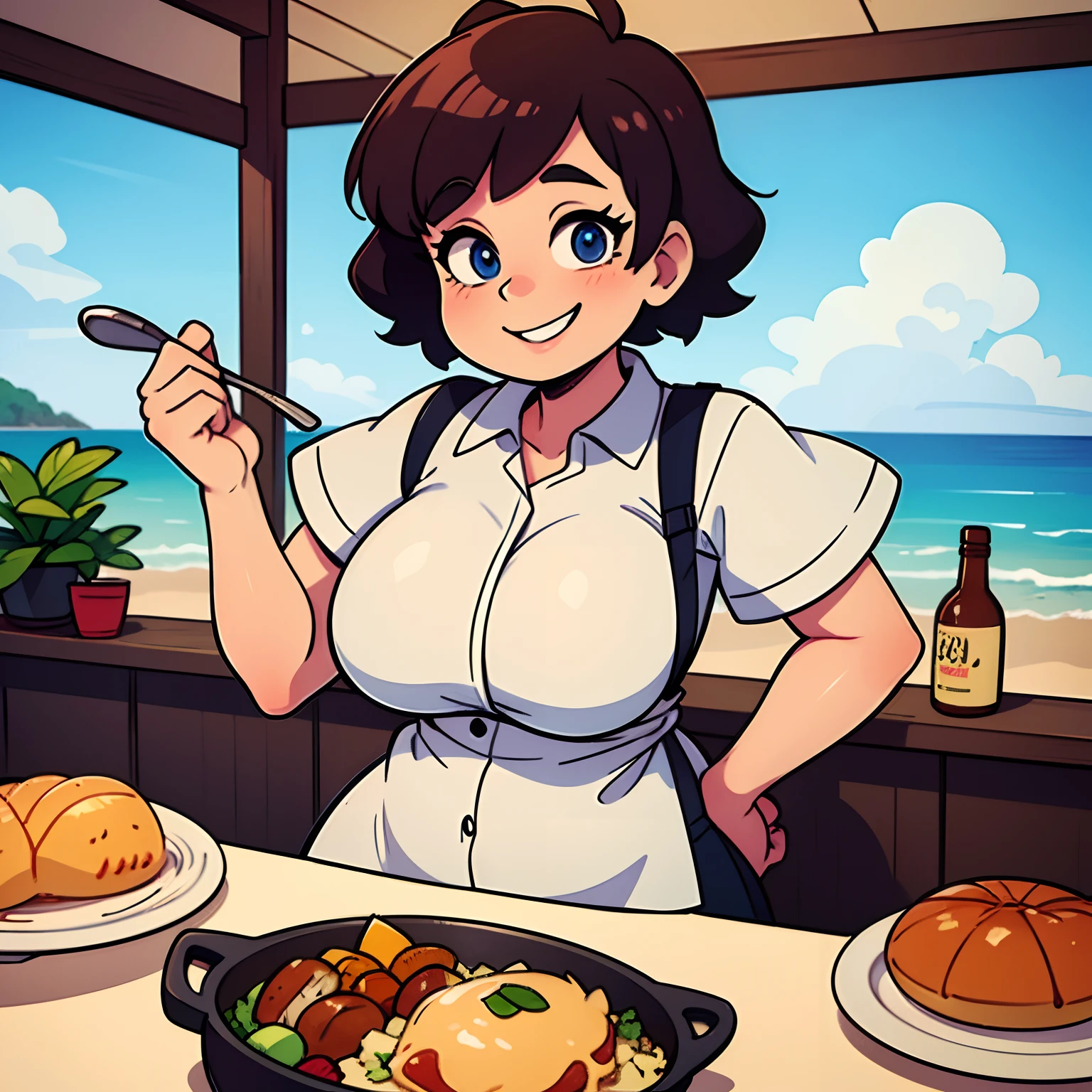 A chubby female head chef, very large stomach, huge legs, bottom heavy. Cooking a very tasty meal, smiling, in a seaside restaurant, tied up hair, taste testing her food,