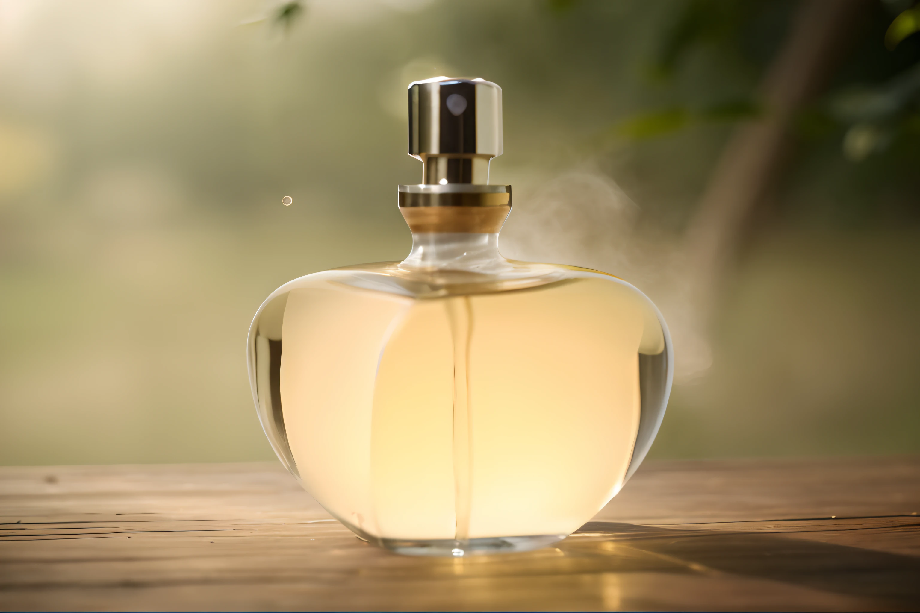 there is a bottle of perfume sitting on a table, carrying a bottle of perfume, perfume, perfume bottle, floating in perfume, oud, smelling good, noon, antique perfume, beutiful, perfect crisp sunlight, light orange mist, misting, light mist, high quality topical render, soft natural lighting, soft golden light, beauty shot, lush vista, product photography