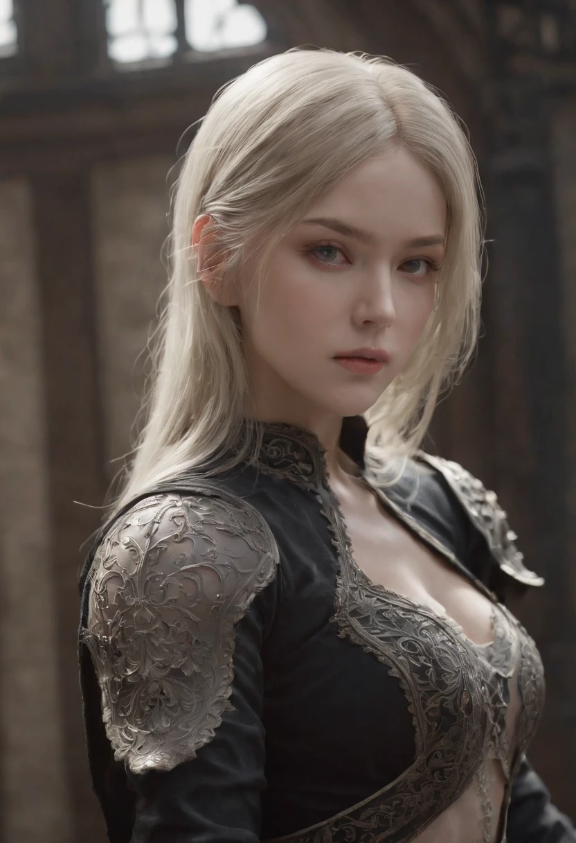 Nier:Automata　Holding a sword、There is a woman with a tattoo on her chest, 2 b, 2b, nier 2 b, 2 b from nier automata, 2b from nier automata, 2b nier automata, 2B NIER Automata Female Protagonist 　Beautie　Cosplay　 Nier Automata　　Ruins　full body Esbian　modeled　the pose　Background with　abandoned factory　church stained glass　Deities々Blonde　The long-haired　Longhaire　​masterpiece、top-quality、Raw foto、realisitic、faces、Incredibly ridiculous、beautiful a girl、magia、Long long hair、depth of view、hight resolution、ultra-detailliert、detaile、More about RAWE Xtremely、extremely detailed eye and face、Sharp pupils、Realistic pupils、Sharp Focus、电影灯光、detaileds、perfect anatomia、