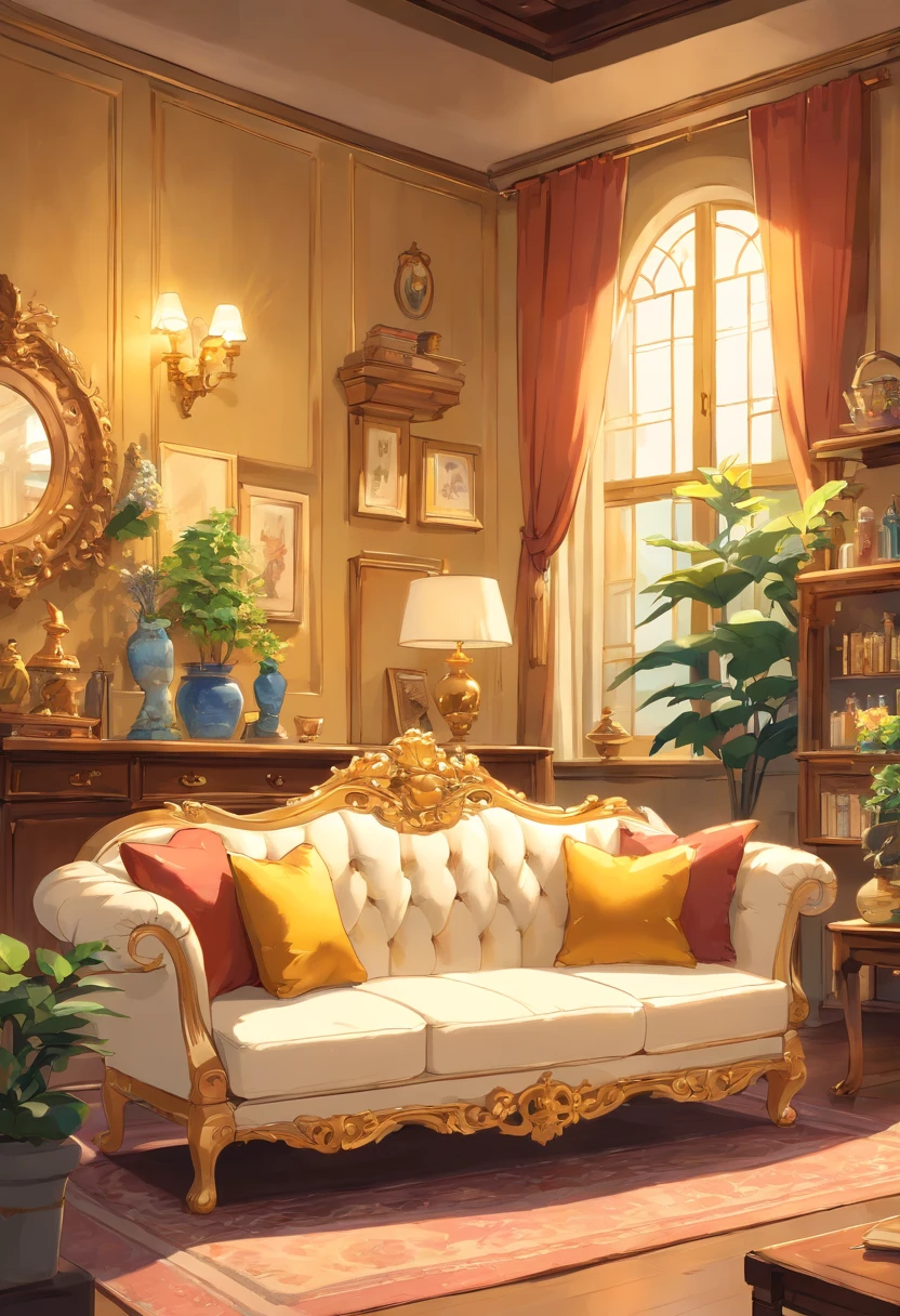 Luxury sofa Rich man's house Cute room golden colored white colors Beautiful decoration