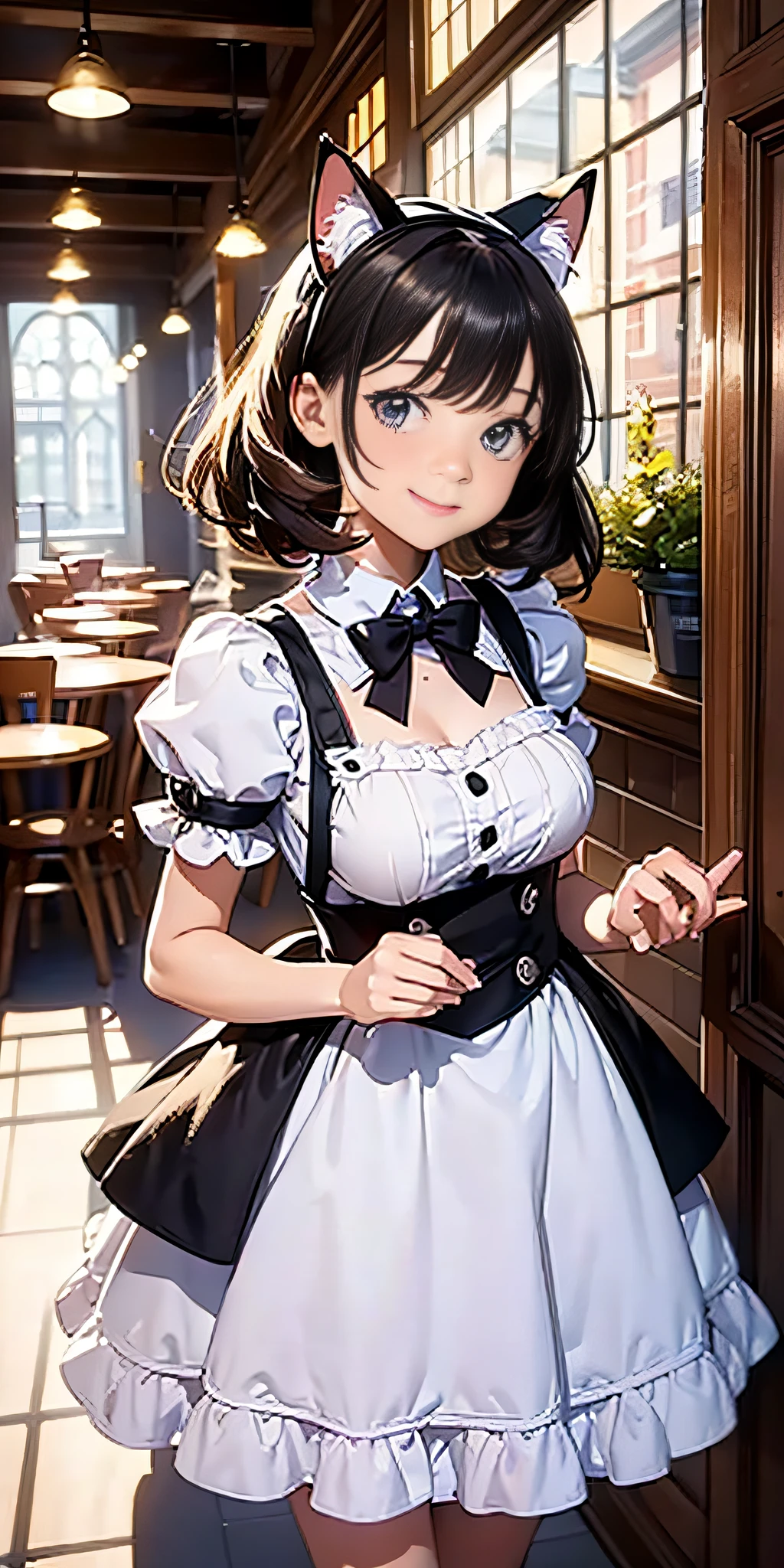 Best quality, masterpiece, HD digital photo of a Teen girl, Pixar animation style, a cat-eared girl in 30% English maid outfit, upper body, standing back smiling looking at the camera, Cafe Background, soft lighting, warm colors, (((medium breast)))