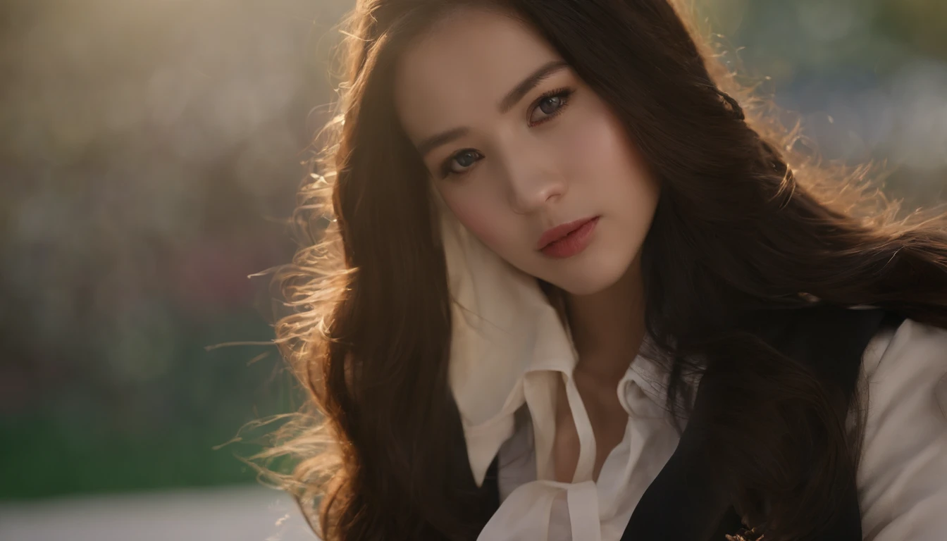 (very cute girl), (, Korean  girl), (RAW photo​:1.2), (photorealistic:1.4), very detailed eyes and face, beautiful detailed eyes, huge file size, super detailed, level high resolution, extremely detailed, masterpiece, uniform, 8k wallpaper, stunning, fine detail, masterpiece, best quality, , face light, cinematic lighting, 1 girl, ((big breasts:1.4 )), (underbust: 1.2),((1 girl's gorgeous long brown hair), (((flaggy breasts))),(((torn business uniform, bondage, torn blazer, very short skirt,))))