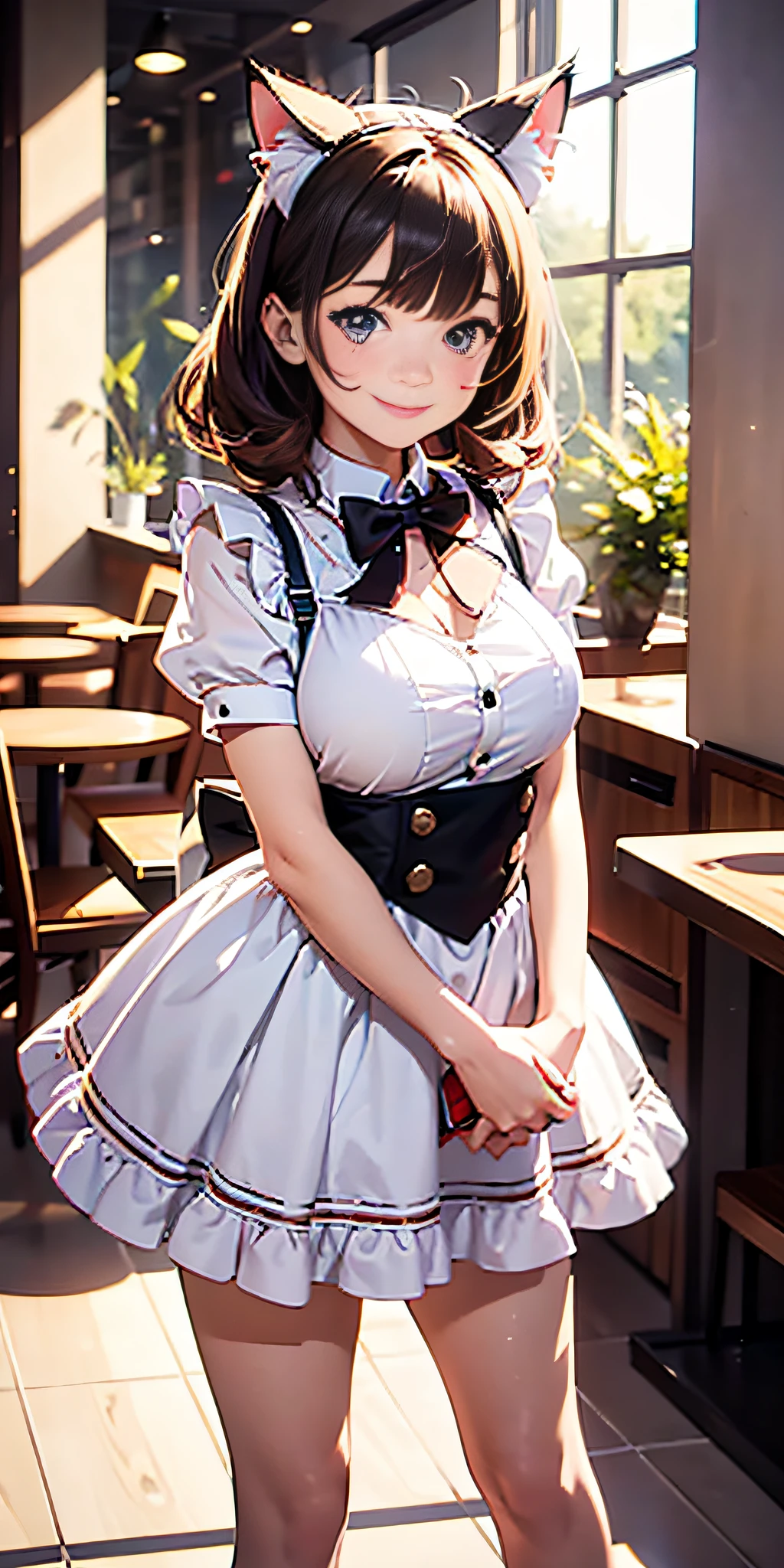 (high quality)、(high resolution)、Professional Lighting、Thin and beautiful legs、Narrow waist、(Big Breasts)、Erect nipples、whole body、(smile:1.1)、(Lace sleeveless buttoned and collared elegant blouse)、(Lace mini skirt)、(Angle from below)