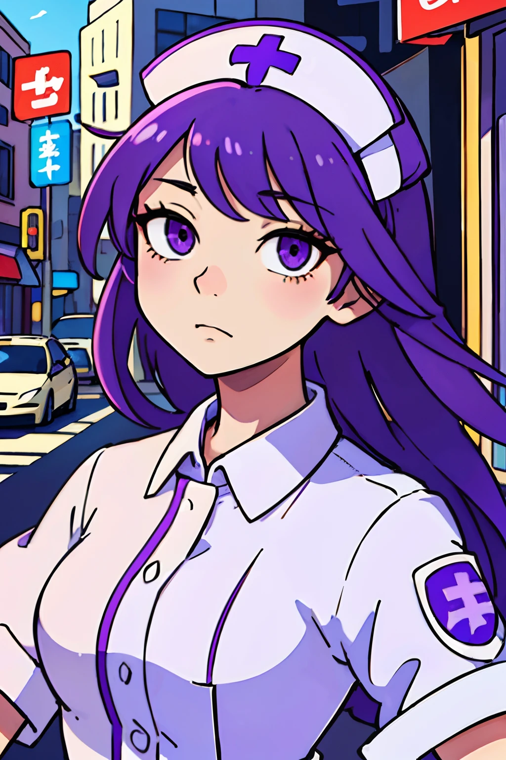(top-quality:0.8)、(top-quality:0.8)、perfect anime illustration、Extreme close-up portrait of beautiful woman walking in city、Nurse、Peachy Hair、nurse's outfit、a purple eye