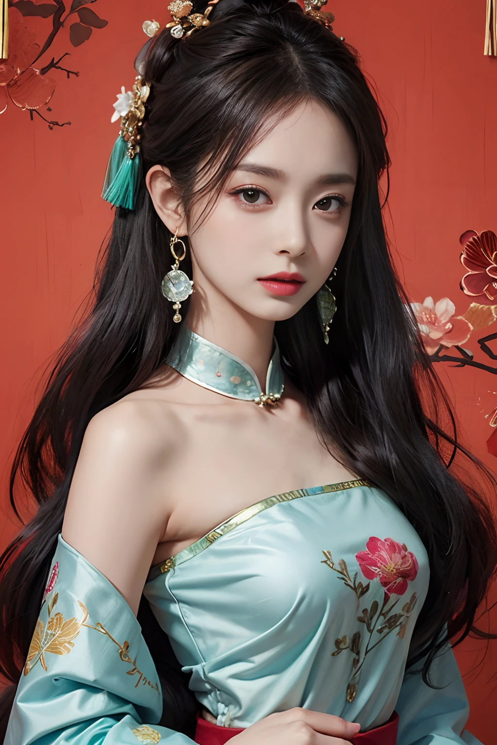 （tmasterpiece，top Quority，best qualtiy，offcial art，Beauty and aesthetics：1.2），（1girll：1.3），The main body is a beautiful girl，Coiled hair，Chinese，The is very detailed，Gorgeous jewelry（s fractal art：1.1），（a color：1.1）（blossoms：1.3），Most detailed，（ zentangle:1.2), (Dynamic pose), (abstract backgrounds:1.3), (Chinese Traditional Cloth:1.2), (Shiny skin), (many color:1.4), ,(Earrings:1.4),