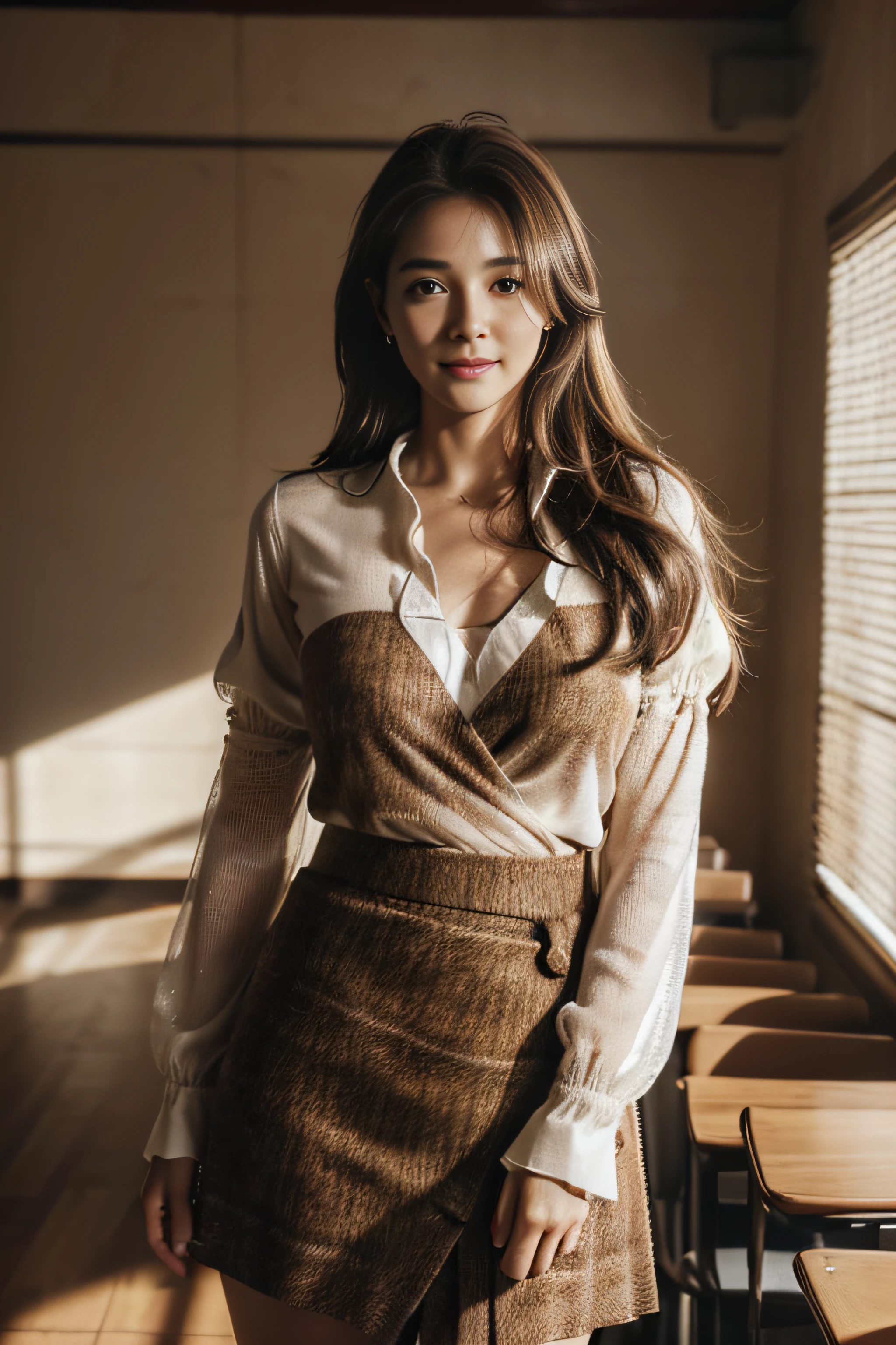 ((beautiful a girl:1.3))((Company OL:1.4))((pantyshot:1.3))((Company Office:1.2))((Brown tweed wrap skirt:1.3)),((White blouse:1.2)),((See-through sleeves:1.2))(((Brown-colored super long hair:1.2))),((in class room:1.3)) ((Thin_fabric:1.4)) ((Random sexy poses:1.3)) ((full of sweat:1.5))((with a flushed face:1.4)) ((Medium chest same:1.4)) ((close-up:1.2)) Best Quality,masutepiece,超A high resolution,(Photorealistic:1.4),Raw photo,(Authentic skin texture:1.3),(Film grain:1.3),the panorama,Character Portrait,Very Wide Shot,Narrow waist,Cowboy Shot,(In the Dark, deepshadow, lowkey, cold light,) Night,(()),Streaming Tears,,Dust,Tindall Effect,(expression),1girl in,beautiful detailed eyes and face,White Jabot,Brown eyes,((Brown hair:1.2)) ((Full body:1.3)) ((Smile:1.3))