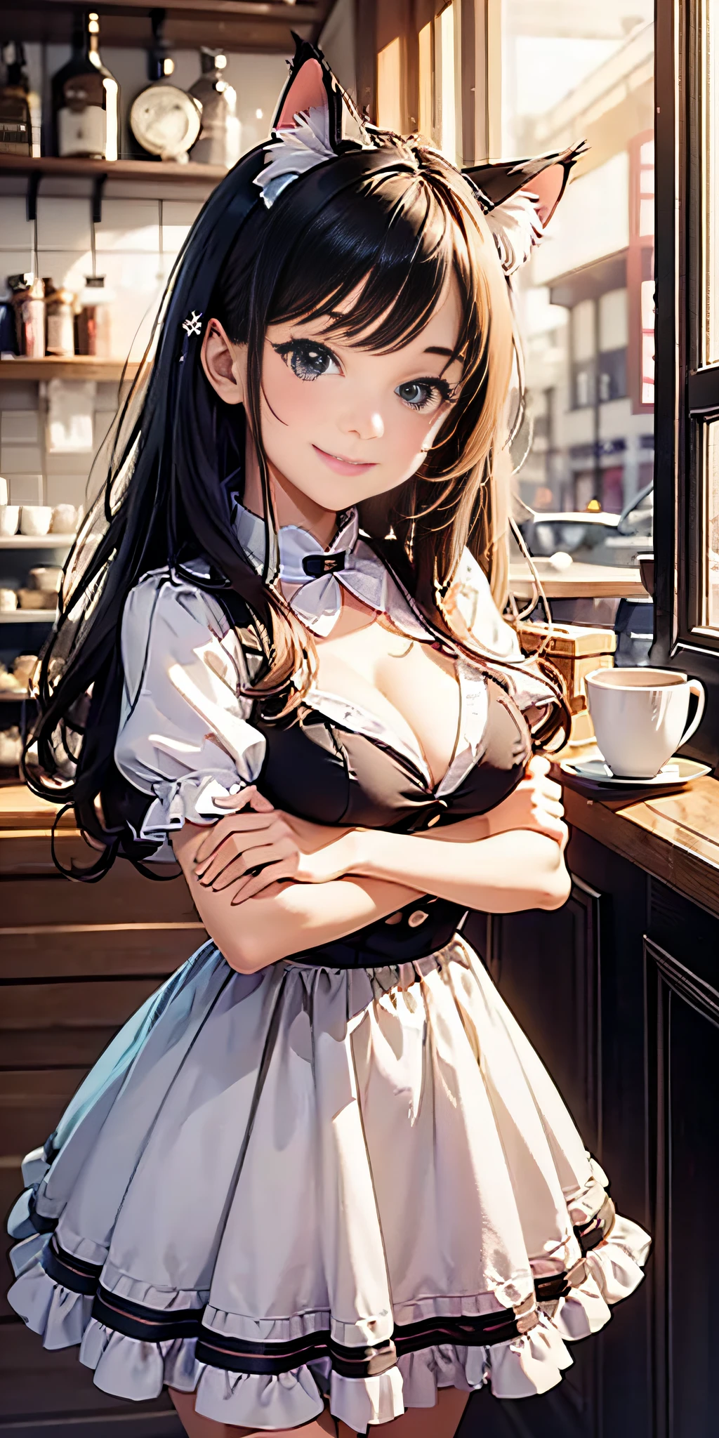 Best quality, masterpiece, HD digital photo of a Teen girl, Pixar animation style, a cat-eared girl in 10% English maid outfit, upper body, standing back smiling looking at the camera, Cafe Background, soft lighting, warm colors, (((medium breast)))