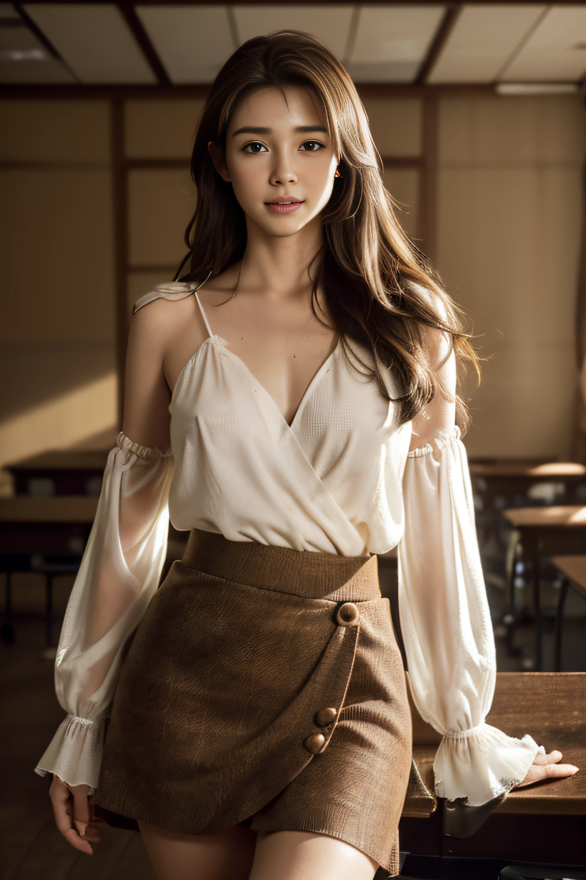 ((beautiful a girl:1.3))((Company OL:1.4))((pantyshot:1.3))((Company Office:1.2))((Brown tweed wrap skirt:1.3)),((White blouse:1.2)),((See-through sleeves:1.2))(((Brown-colored super long hair:1.2))),((in class room:1.3)) ((Thin_fabric:1.4)) ((Random sexy poses:1.3)) ((full of sweat:1.5))((with a flushed face:1.4)) ((Medium chest same:1.4)) ((close-up:1.2)) Best Quality,masutepiece,超A high resolution,(Photorealistic:1.4),Raw photo,(Authentic skin texture:1.3),(Film grain:1.3),the panorama,Character Portrait,Very Wide Shot,Narrow waist,Cowboy Shot,(In the Dark, deepshadow, lowkey, cold light,) Night,(()),Streaming Tears,,Dust,Tindall Effect,(expression),1girl in,beautiful detailed eyes and face,White Jabot,Brown eyes,((Brown hair:1.2)) ((Full body:1.3)) ((Smile:1.3))