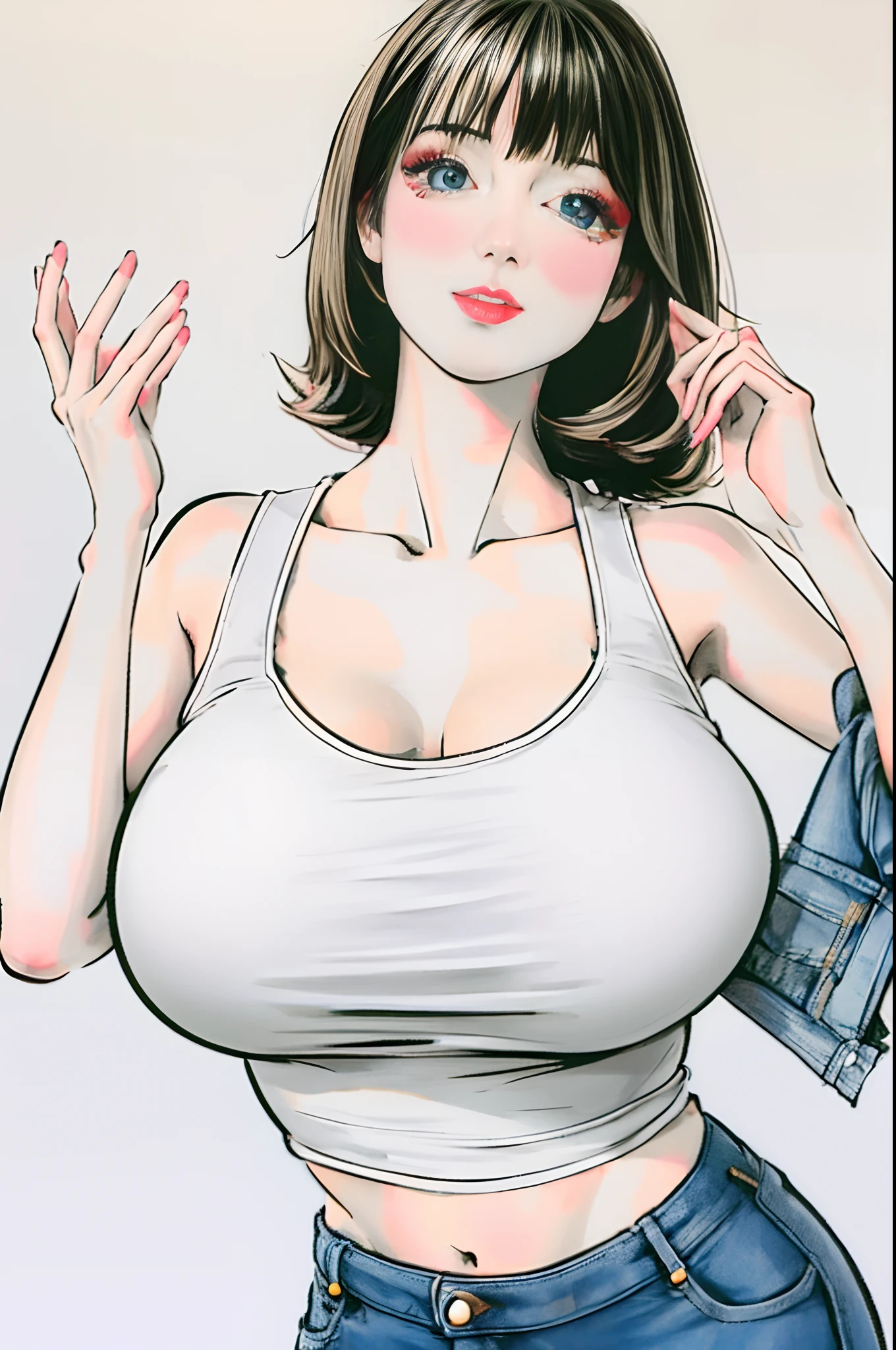 1girl, bangs, black hair, blue eyes, chch-style, cleavage, collarbone, denim, hand up, jacket, jeans, looking at viewer, huge breasts, medium hair, midriff, off shoulder, pants, solo, tank top, upper body,mature female