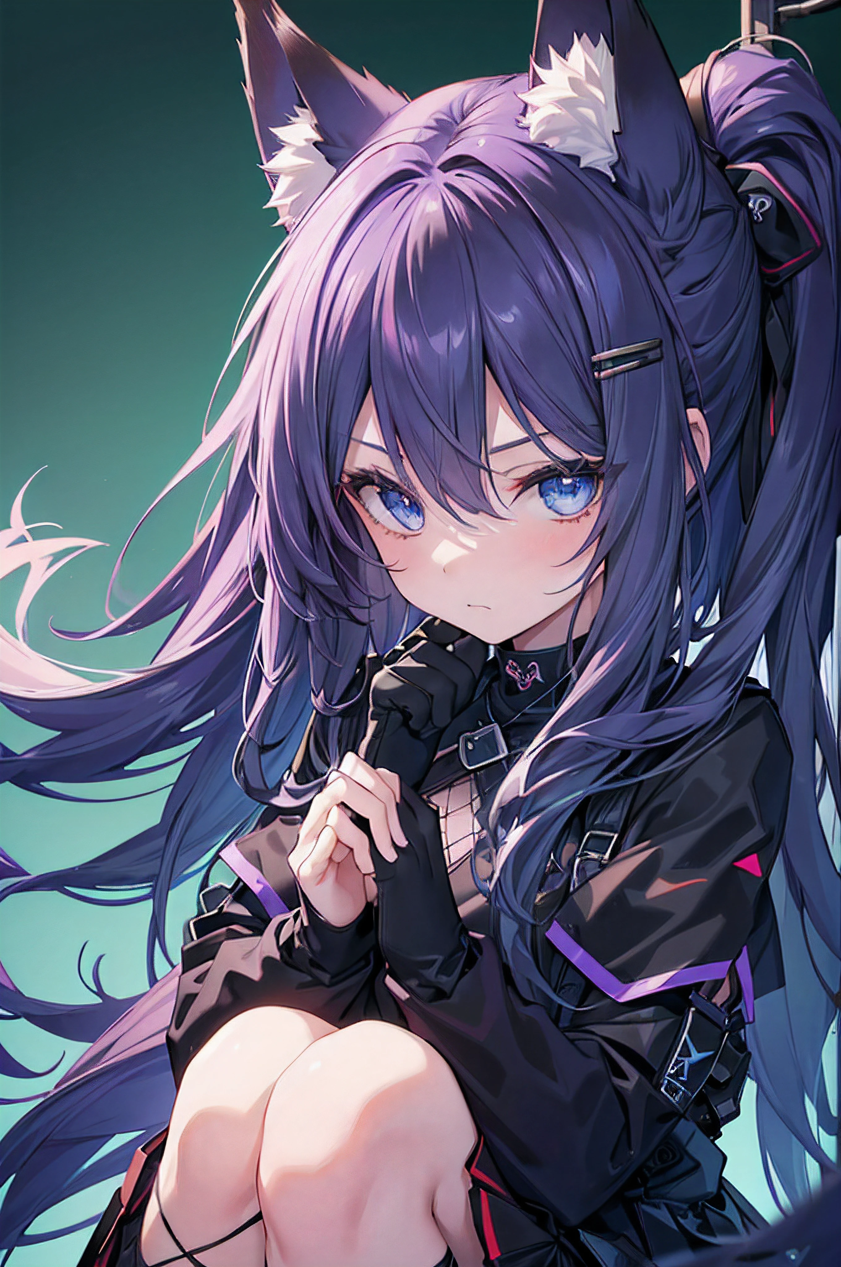 masterpiece, best quality, super fine illustration, perfect anatomy, perfect eyes, correct anatomy, perfect proportion, perfect face, perfect hands, perfect legs, perfect fingers, perfect hands, professional lighting, best quality, ultra detailed, extremely delicate and beautiful, 4k, 8k,,1girl, fox girl, ((black 1.1)(purple 1.1), fox ears, long Stright hair, fox tail, black combat gear, black skirt, fishnet, cute expression, perfect skull hair clip, blue eyes, close up ,fit to frame, solid green background,