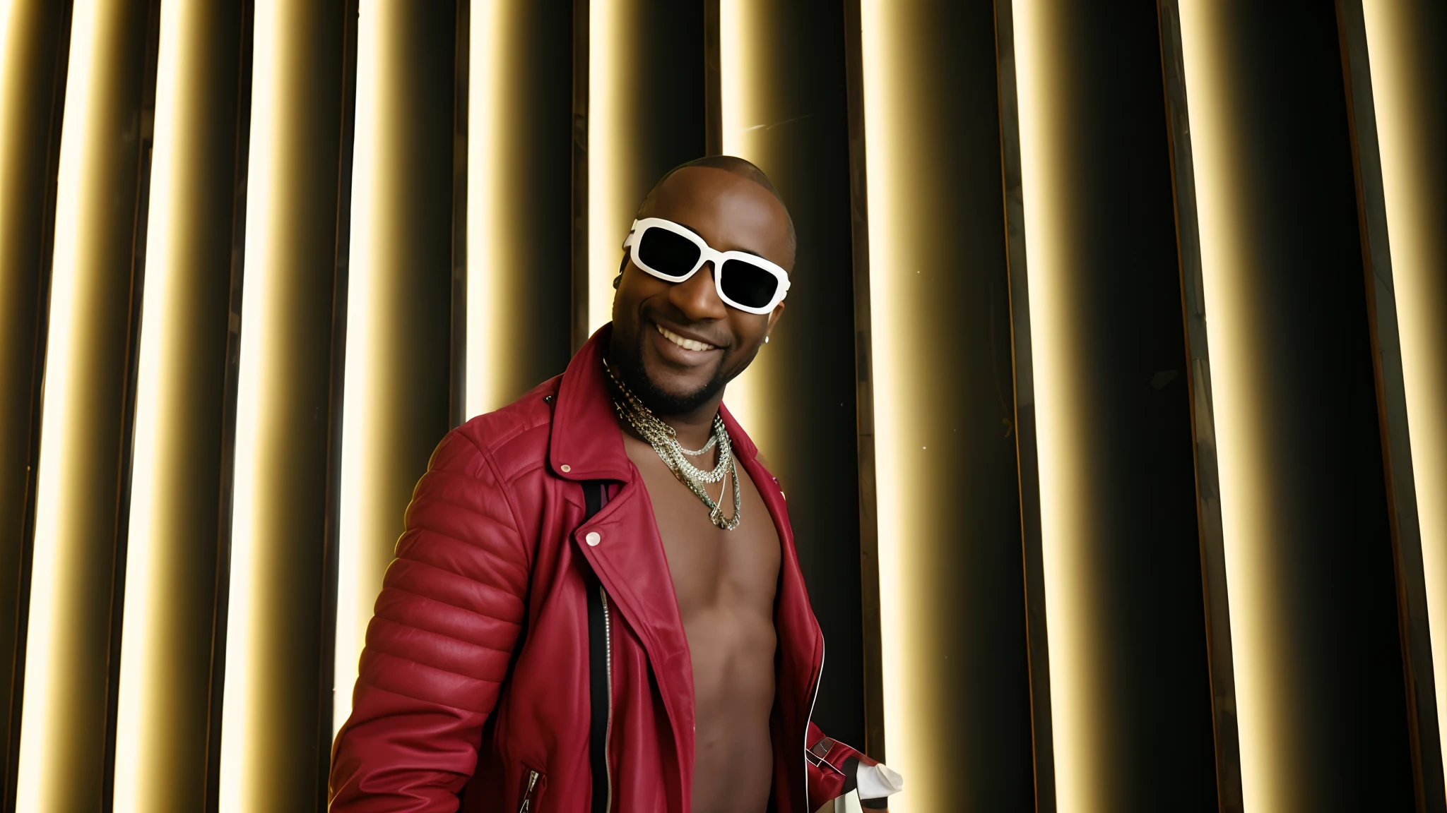 There's a man wearing sunglasses and a red jacket, virgil abloh, inspirado em Candido Bido, photo shoot, fotos de alta qualidade, Photo Session, alta qualidade de imagem, ( ( pele escura ) ), taken in the early 2020s, grande sorriso, ostentando sua riqueza, Retrato tirado 8 K, Cedric Payravernay, imagem de alta qualidade