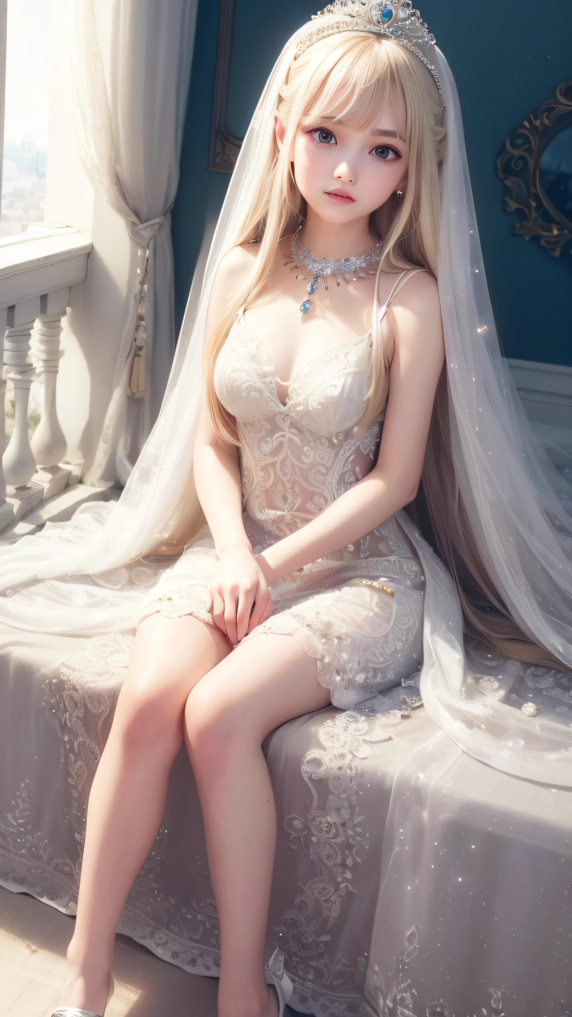 4K ulta hd, masterpiece, 1 girl, good face, very long hair, hair ornament, light makeup, detailed eyes, small round breast, ultra detailed clothes,  (white princess dress:1.5), lace:1.5, (shining dress:1.8), strap dress, necklace, jewellery, amazing balcony background, sitting,