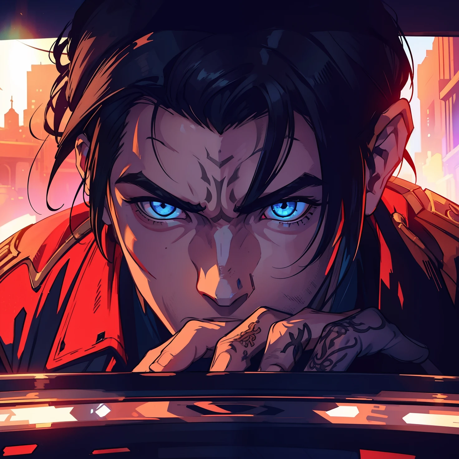 1 Handsome white-skinned man Blue eyes Steampunk tattoos Black hair on the side An art for an RPG A non-human night background of the city ((Very detailed strokes)) ((melhor qualidade)) ((hands-perfect))