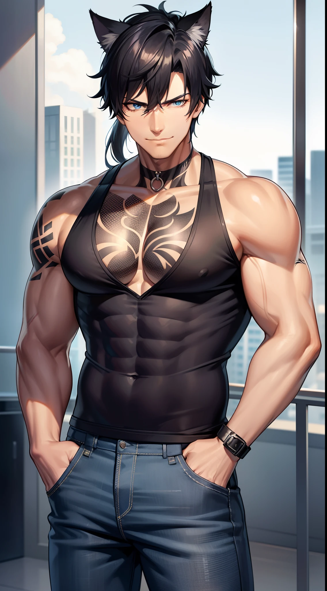 Grown-up guy, Short black hair with blue strands, high ponytail, cat ears, blue eyes, musculature, smirk, black tank top, Jeans, fetters, Silver elements, tattoo, Scars, Blue Flame, zipper, Masterpiece, hiquality, 4k, HD, Good detail