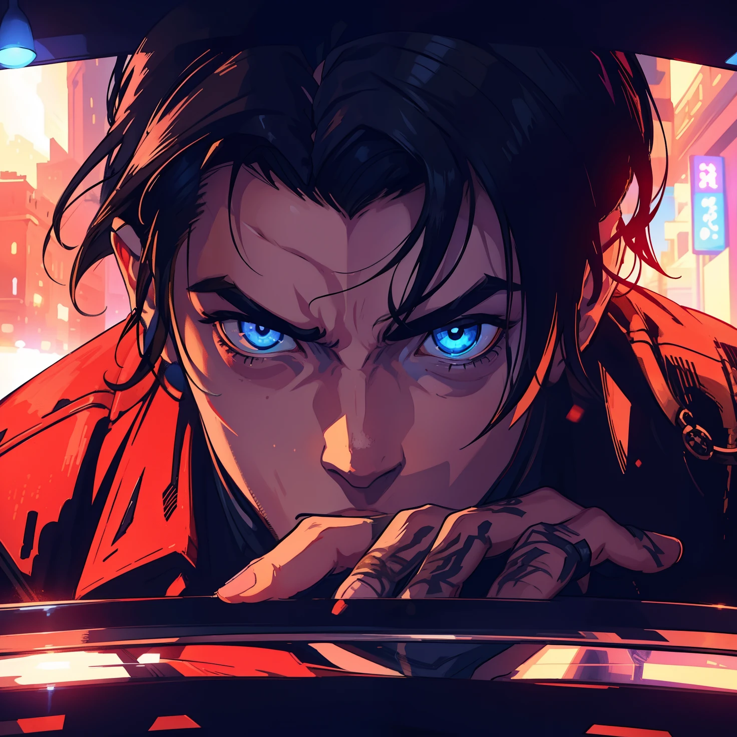 1 Handsome white-skinned man Blue eyes Steampunk tattoos Black hair on the side An art for an RPG A non-human night background of the city ((Very detailed strokes)) ((melhor qualidade)) ((hands-perfect))