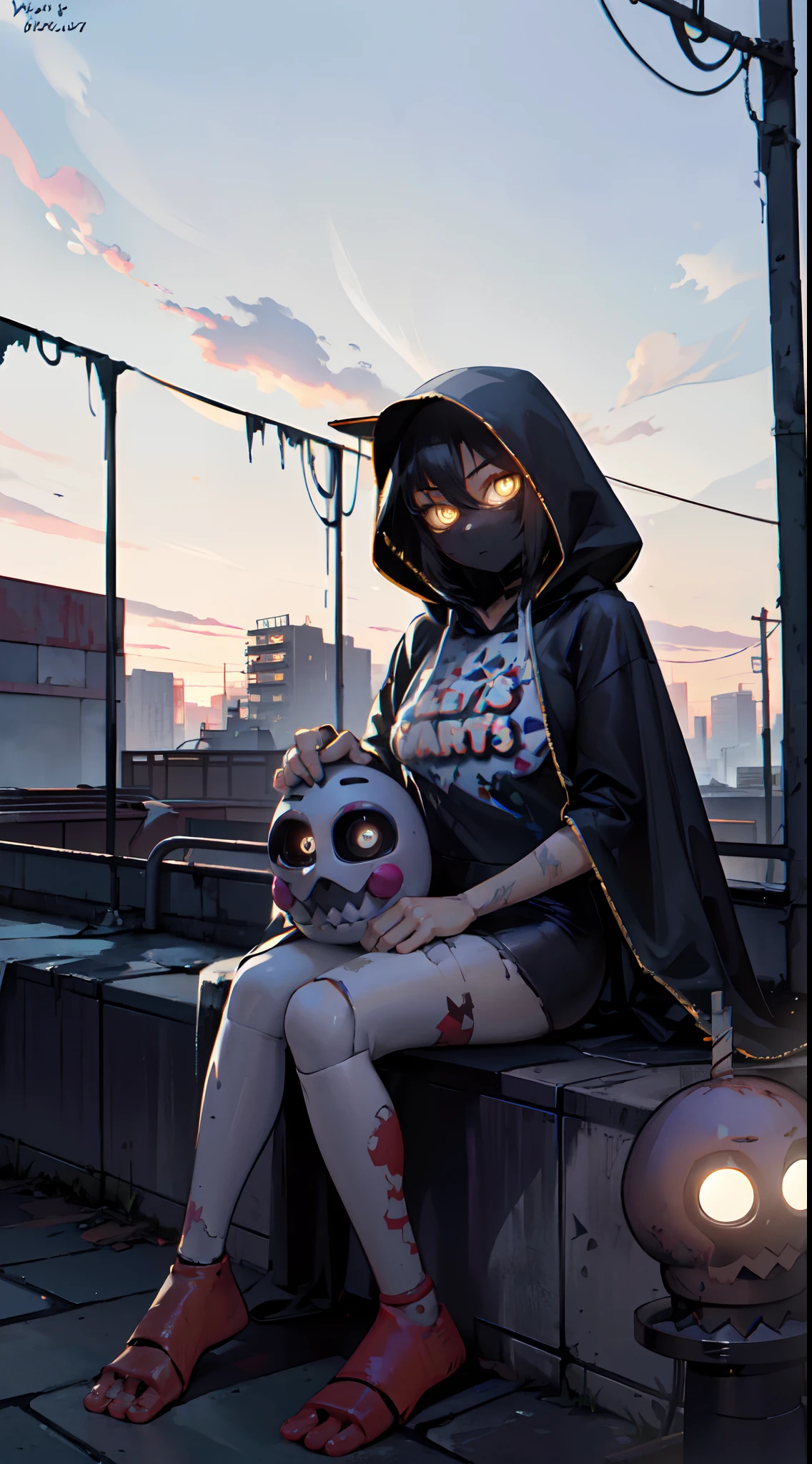 (best quality,4k,8k,highres,masterpiece:1.2),ultra-detailed,(realistic,photorealistic,photo-realistic:1.37),Chica from Five Nights at Freddy's, long black cloak, hood covering her head, cleavage, legs, sitting on a building, mysterious atmosphere, eerie atmosphere, dim lighting, haunted, abandoned building, cracked windows, overgrown vines, wisps of fog, moonlight casting shadows, glowing yellow eyes, cautionary sign, "No Entry", creepy dolls scattered on the ground, rusty pipes, peeling paint, mysterious noises, worn-out bricks, rooftop view, city skyline in the background, silhouettes of other animatronics lurking, haunting presence, chilling wind, bats flying overhead, full moon, deserted streets, an air of suspense, spine-chilling ambiance, foreboding presence.