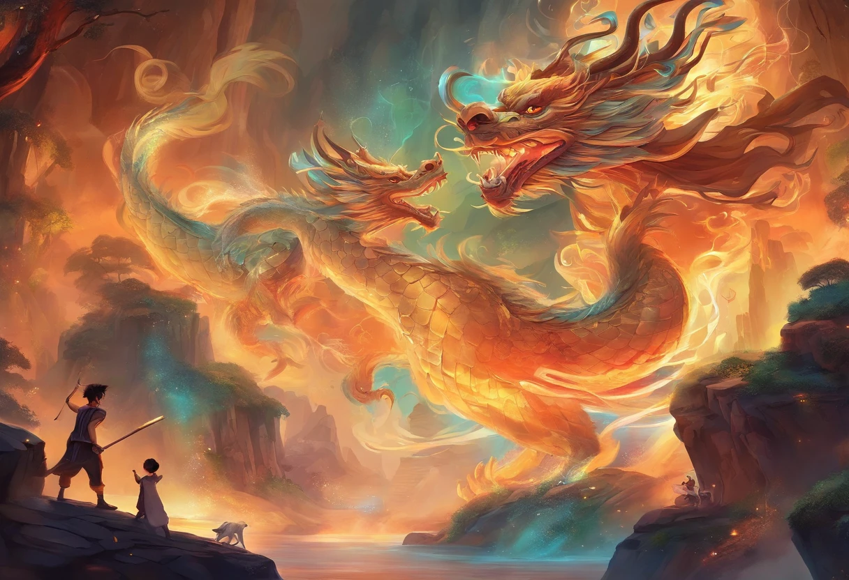 mythological creatures,A Chinese dragon surrounds two boys(An -year-The or is two years olre all smiling,Traditional Chinese elements,Ancient murals,Illustrative myths,Fuyao Legend,Dappled light,Hazy haze,mystical aura,tmasterpiece,k hd,Rich in color,Detailed details,Seven colors