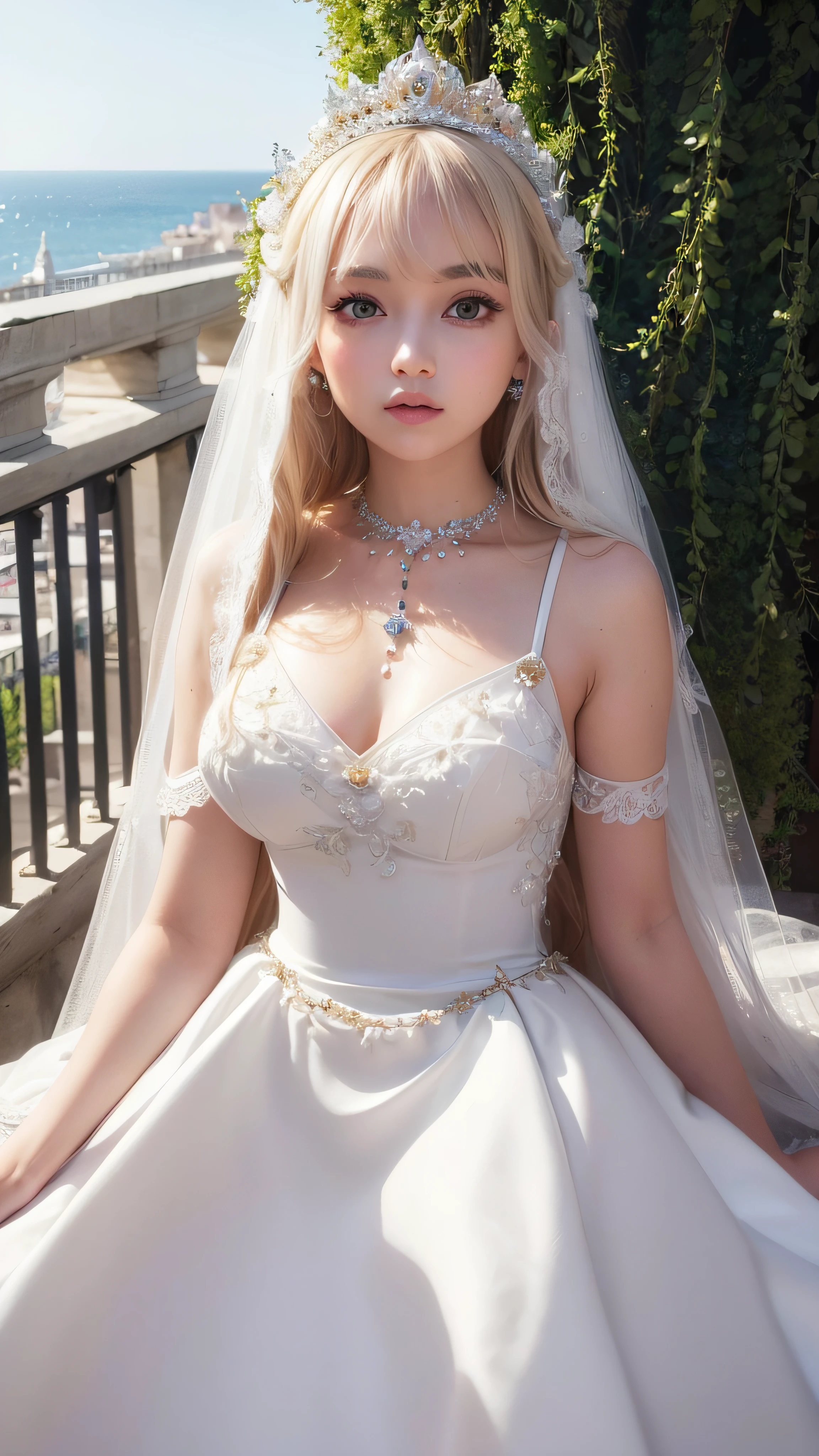 4K ulta hd, masterpiece, 1 girl, good face, very long hair, hair ornament, light makeup, detailed eyes, small round breast, ultra detailed clothes,  (white princess dress:1.5), lace:1.5, (shining dress:1.8), strap dress, necklace, jewellery, amazing balcony background,