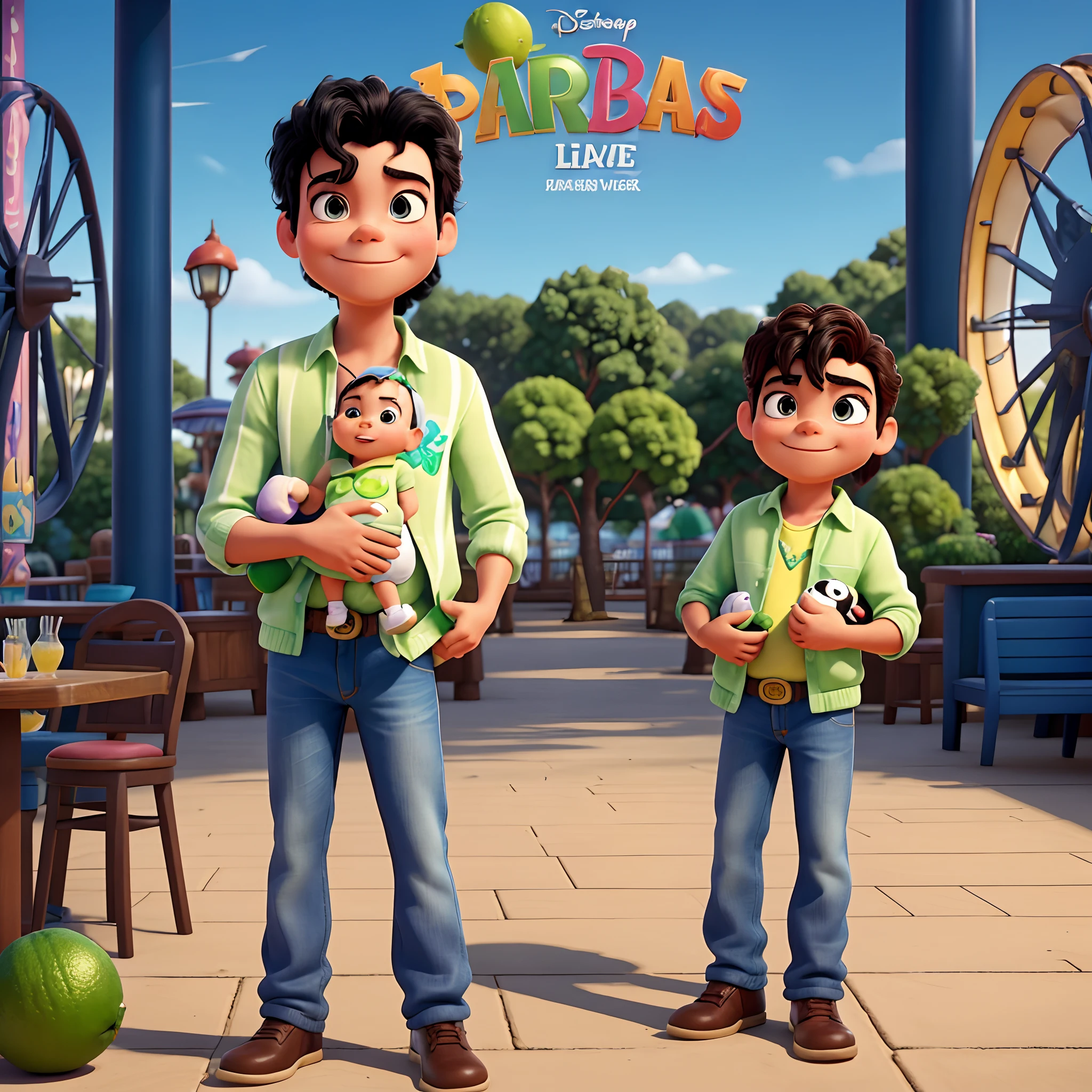 Create a Disney and Pixar movie cover-style image Michael Jackson holding a baby in his arms in a bar, Drinking lime caipirinha, Title of the film is "Michael o abusador" escrito na parte superior da imagem. On an amusement park-themed background with a Ferris wheel,