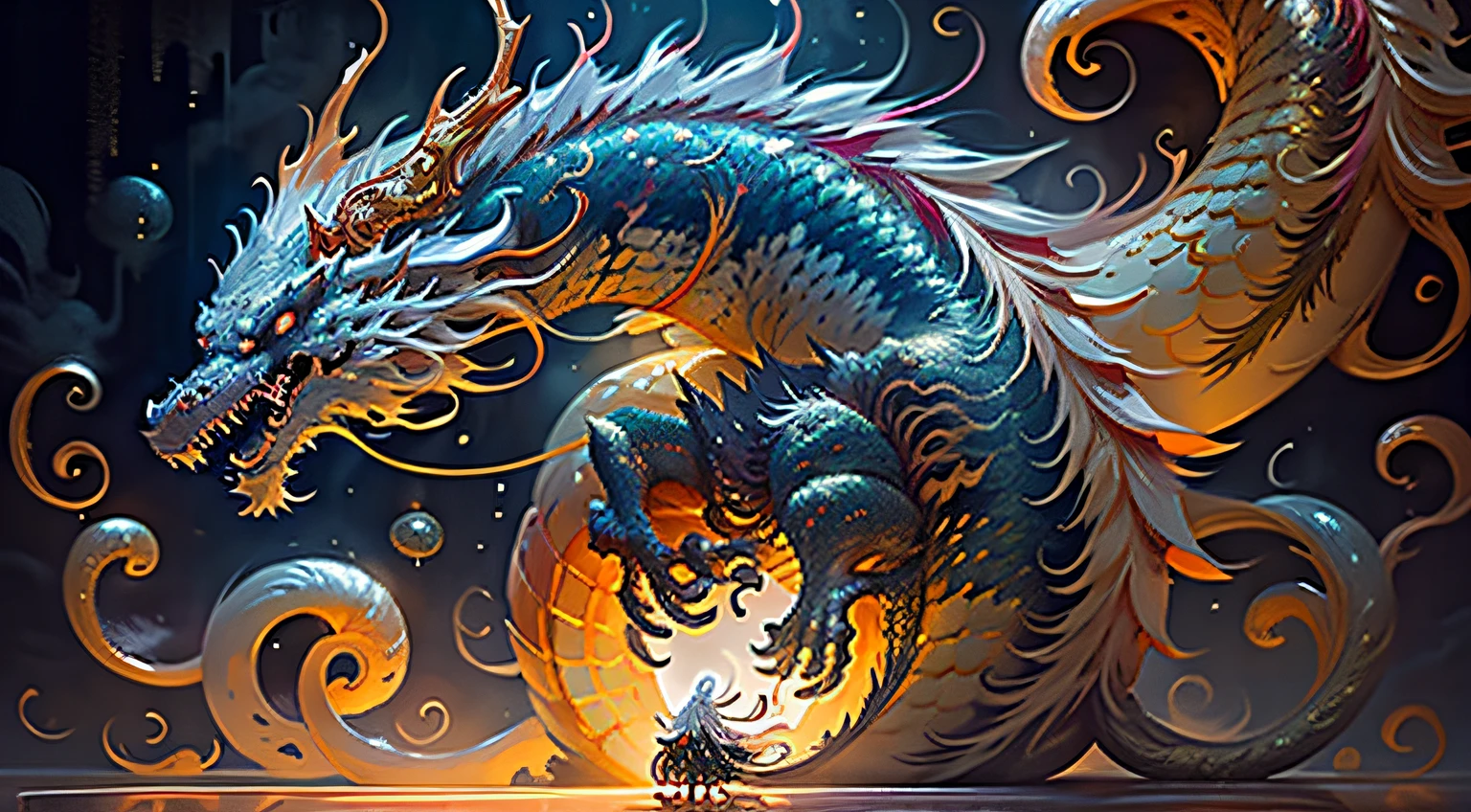 With a golden theme，Best quality at best，tmasterpiece，超高分辨率，chinesedragon，（The long：1.2），（Finely：1.2），Long hair，dentes pontiagudos，red eyes，teeth，immensity，The bird，exteriors，standing on your feet，Coiled with hops，hops，​​clouds，banya，from back，Armour，Skysky，with her mouth open，faceoff，Accumulating power，Ogre，White hair，buliding，vale，（textures true to reality：1.2），（Glowing multicolored scales：1.2），（realistic detail：1.2），hdr，Ultra-detailed 3D modeling，Like Tim Burton、Dale Chihuli、Xiaolongcheng、Cyril Rolando and other writers，Such as small. Giger's style paintings are just as magical。Shadows and lighting are intertwined，Produces brilliant results。