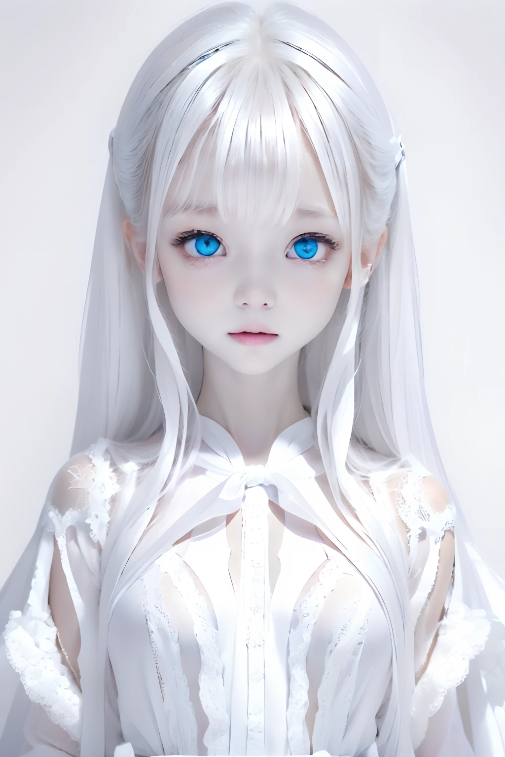 (((White background:1.3)))、Best Quality, masuter piece, High resolution, albino girl、(((1girl in))), ,(((eyes are white:1.3)))、robe blanche、((White shirt:1.3、White Block Dress)), Tindall Effect, Realistic, Shadow Studio,Ultramarine Lighting, dual-tone lighting, (High Detail Skins: 1.2)、Pale colored lighting、Dark lighting、 Digital SLR, Photo, High resolution, 4K, 8K, Background blur,Fade out beautifully、a white world、White background