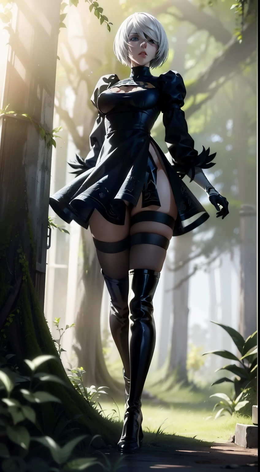 Anime style, the anime, Camera from above, Looking Up, Ahegao Face, Hentai Face, erotic pose, leaning against a tree trunk, in the clearing, running, Long Japanese Sword Behind His Back, Flying robot behind, Rectangular robot in the shape of a box, Camera from below, Frame from below, shapely legs, Black Short Skirt, voluminous short skirt,,,,,,,,,,,,,,,,,, stands on the edge of a clearing, White Hair Bob, ashy hair, The eyes are covered with a bandage, Cyan eyes, black dress with a short skirt, short black skirt, neckline on the chest, black stockings, high black boots, high-heeled boots, very extremely beautiful, Small firm buttocks, Slender figure, Full-length(Body Full 1.1),Game nier automata, ruined city, woods, overgrown with plants, Ruins, high detail official illustrations, ((beautiful fantasy girl)),Red Small Breasts, Her breasts are sticking out from under her clothes, BREAK (Master Part: 1.2), Best Quality, High Resolution, photorealestic, photogenic, Unity 8k壁纸, (illustartion: 0.8), (Beautiful detailed bluish-gray eyes: 1.6), extremely detailed face, perfect lighting, extremely detailed CGI , (perfect arms, perfect anatomy), A girl with perfect breasts, beatiful face, master study, intricate details, Detalhes realistas, the anime, (Based on nier automata) the perfect body, The Perfect Girl, perfect details, Ultra HD |, 8K, Professional photo, Anime Style 2B,
