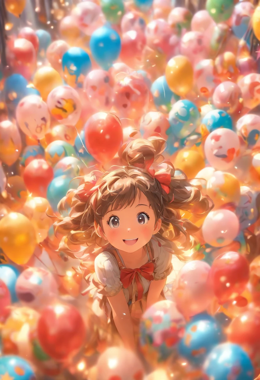 A girl with a zoo, Many balloons, cheerfulness, cheerfulness, Perfect quality, Clear focus (clutter-home: 0.8), (Masterpiece: 1.2) (Realistic: 1.2) (Bokeh) (Best quality) (Detailed skin: 1.3) (Intricate details) (8K) (Detail eyes) (Sharp focus), (cheerfulness)