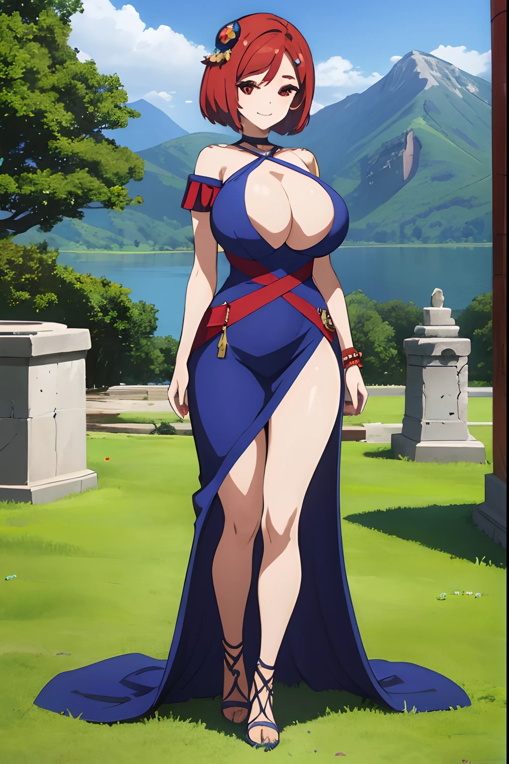 Huge tits, temple ruins, (best quality), (masterpiece), ariadoa, short hair, red hair, red eyes, hair ornament, blue dress, cleavage, large breasts, choker, blue halterneck, blue criss-cross halter, looking at viewer, smiling, lake, mountain, fullbody
