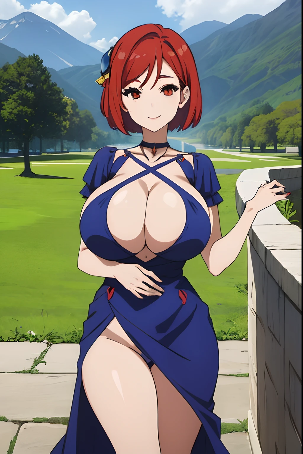 Huge tits, temple ruins, (best quality), (masterpiece), ariadoa, short hair, red hair, red eyes, hair ornament, blue dress, cleavage, large breasts, choker, blue halterneck, blue criss-cross halter, looking at viewer, smiling, lake, mountain, fullbody